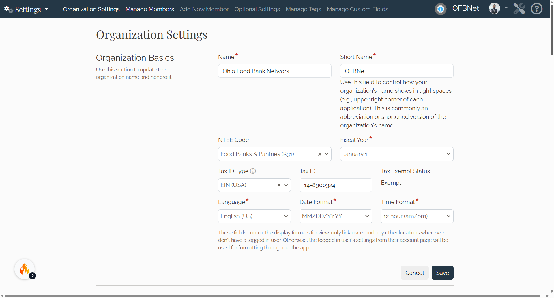 Organization Settings page