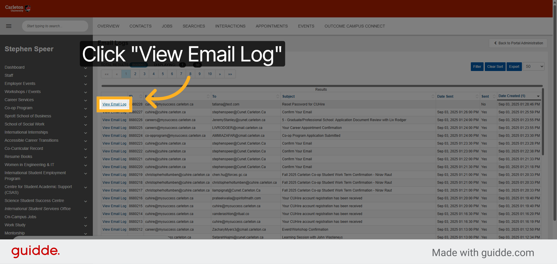 Click 'View Email Log'