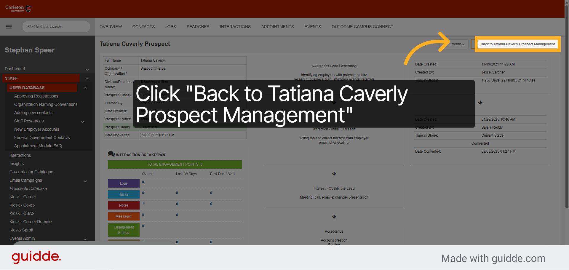 Click 'Back to Tatiana Caverly Prospect Management'