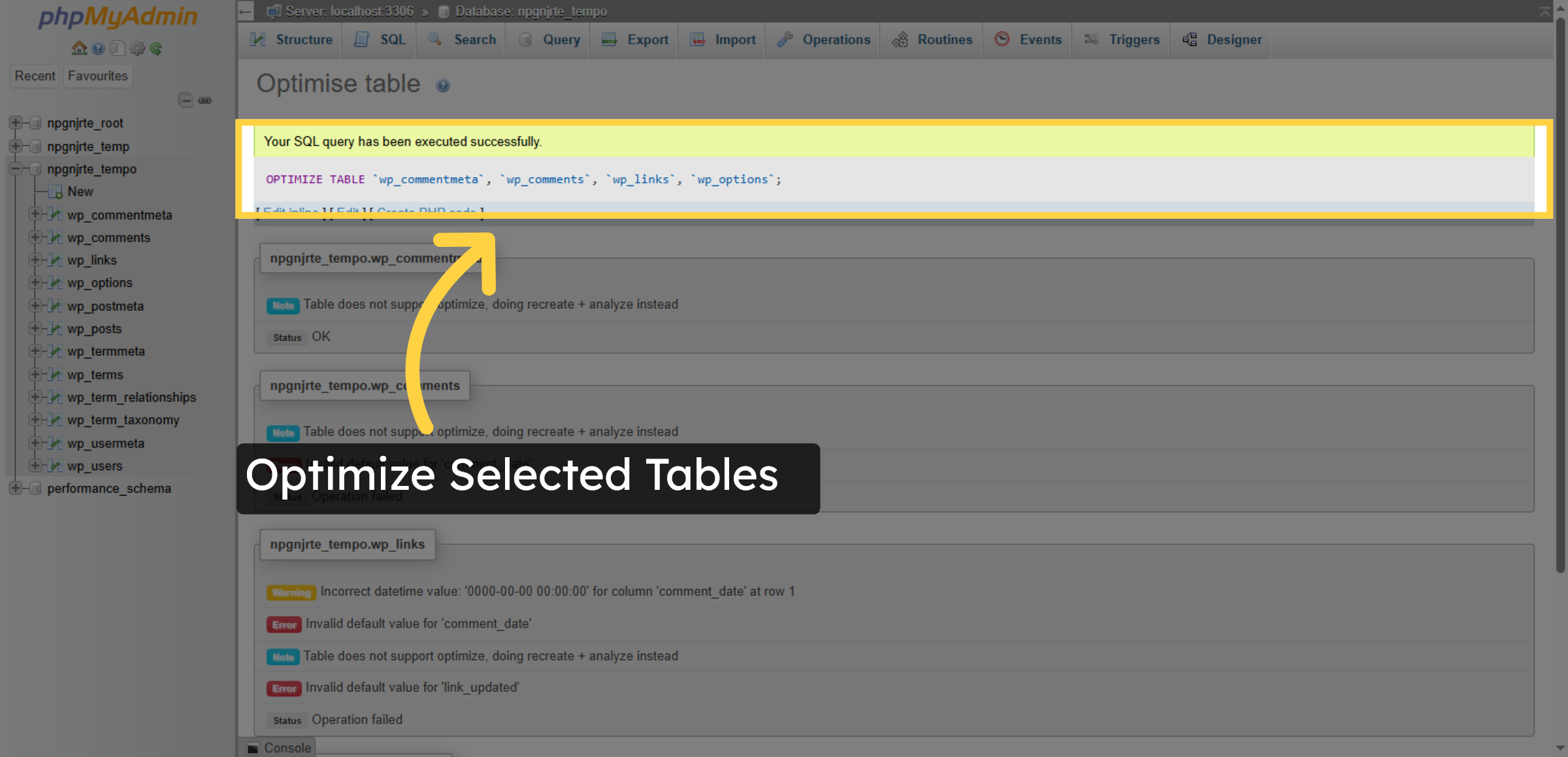Optimize Selected Tables