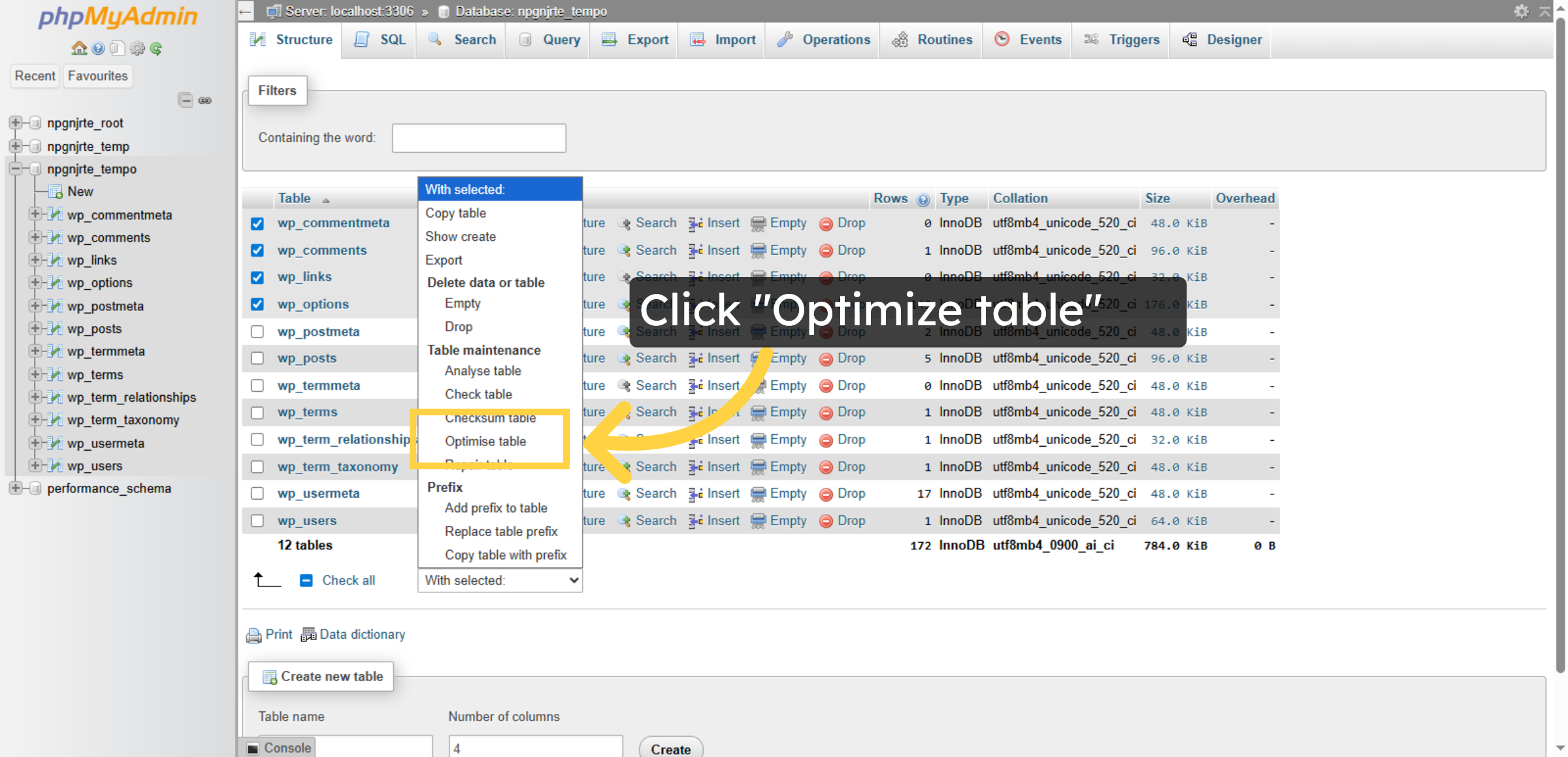 Click Optimize table