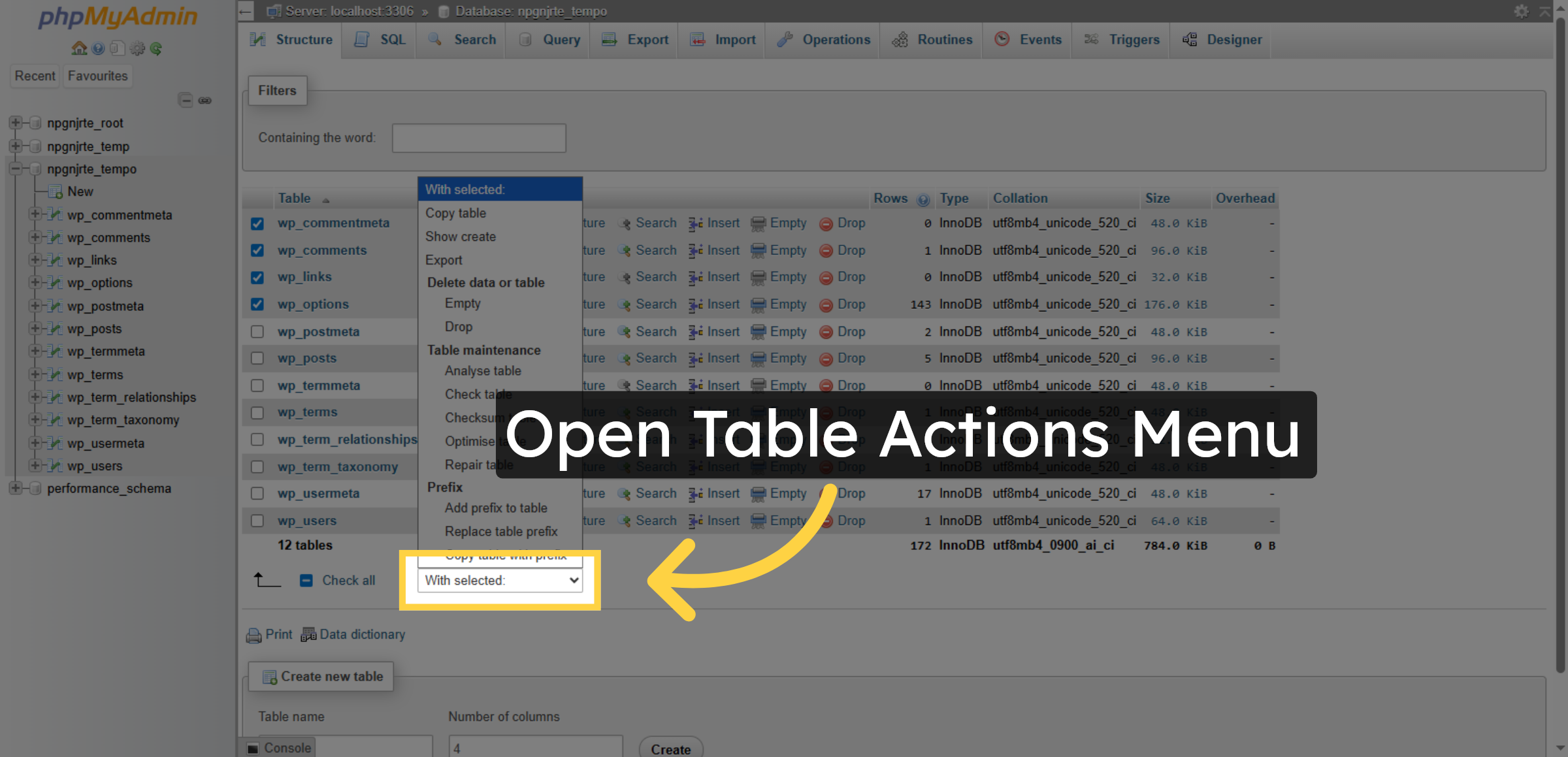 Open Table Actions Menu