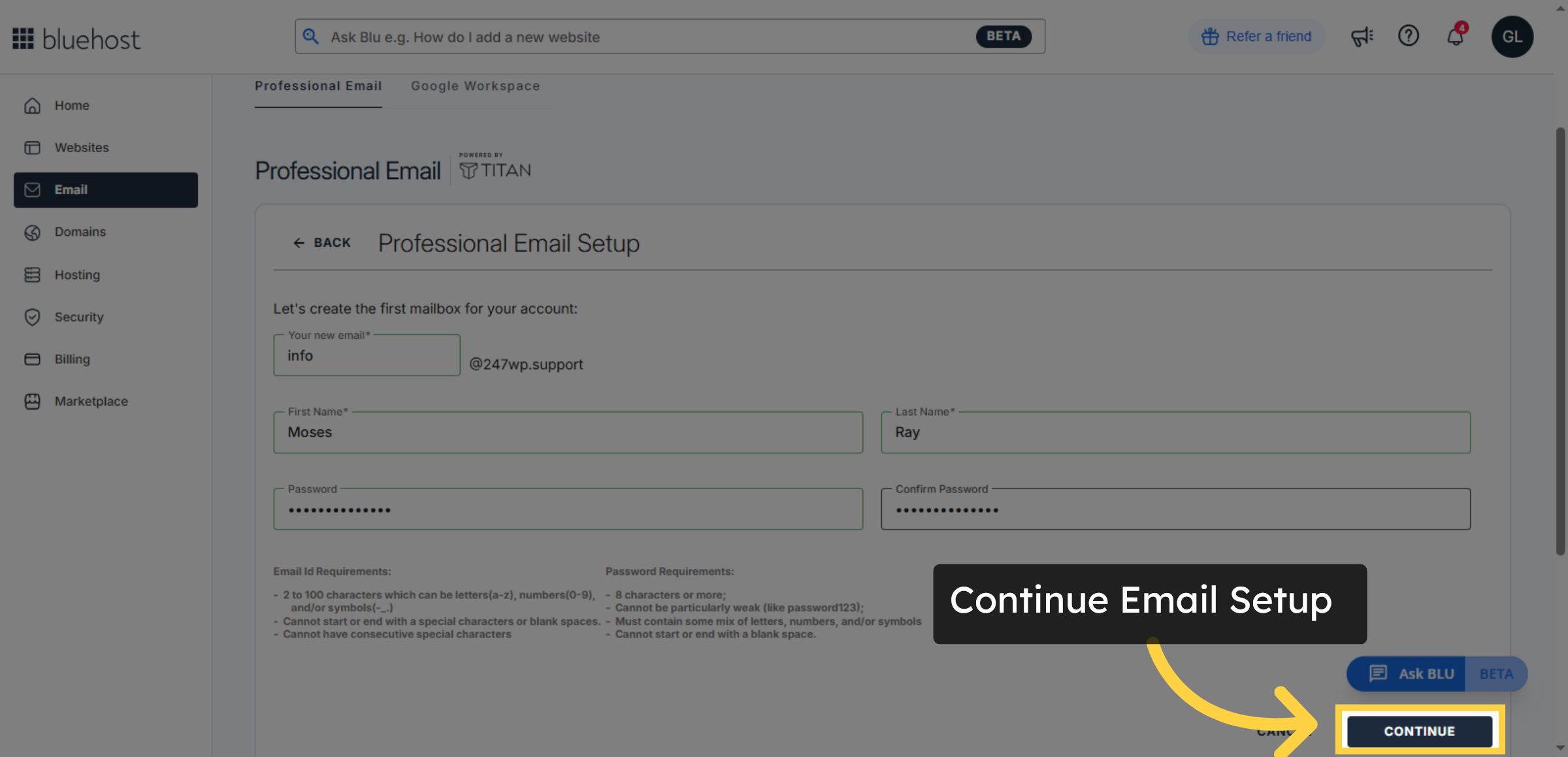 Continue Email Setup