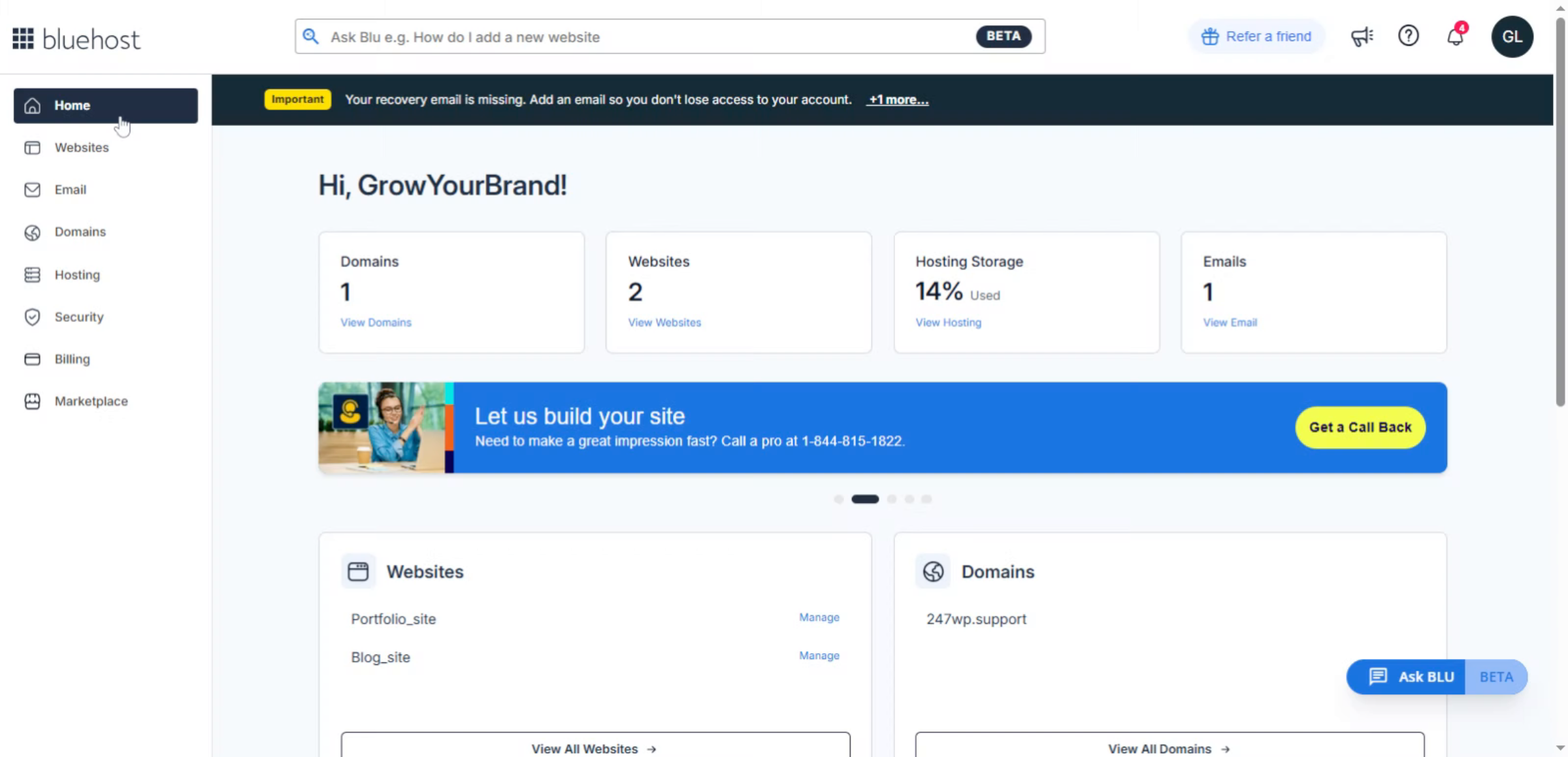  Bluehost Hosting Dashboard