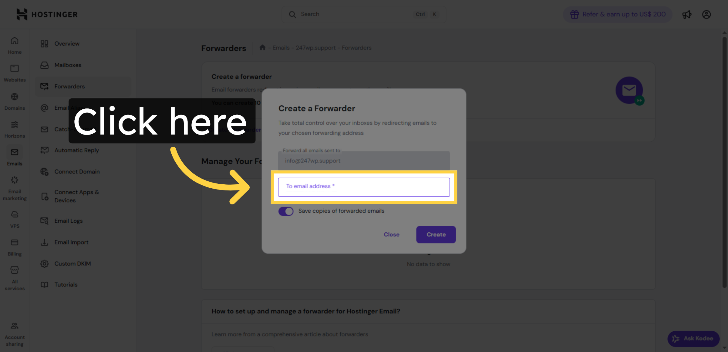 Select Forwarder Creation Option