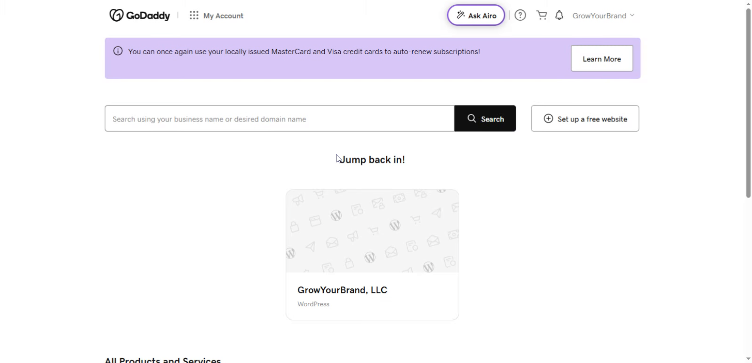 GoDaddy Account Dashboard