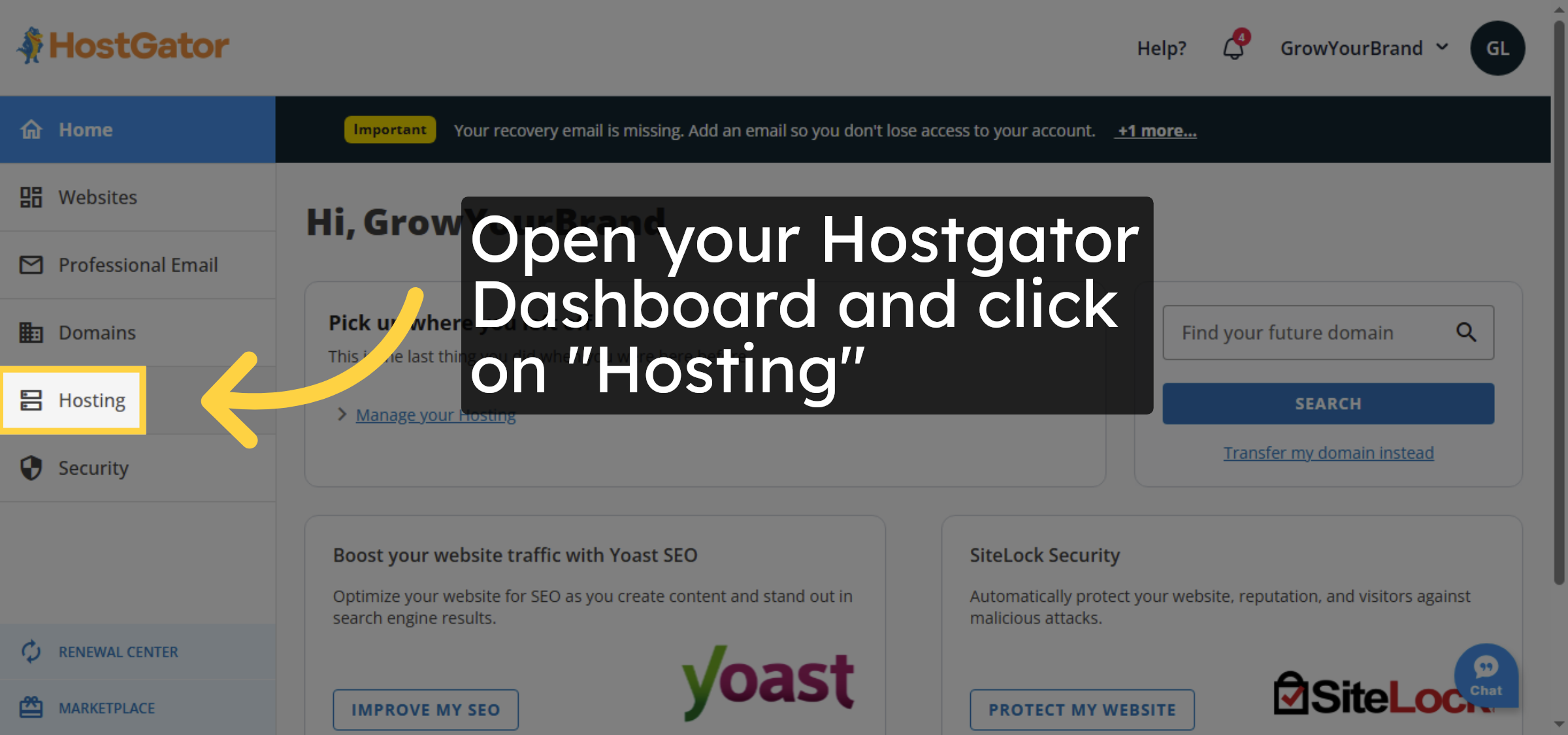 Open Hostgator Dashboard