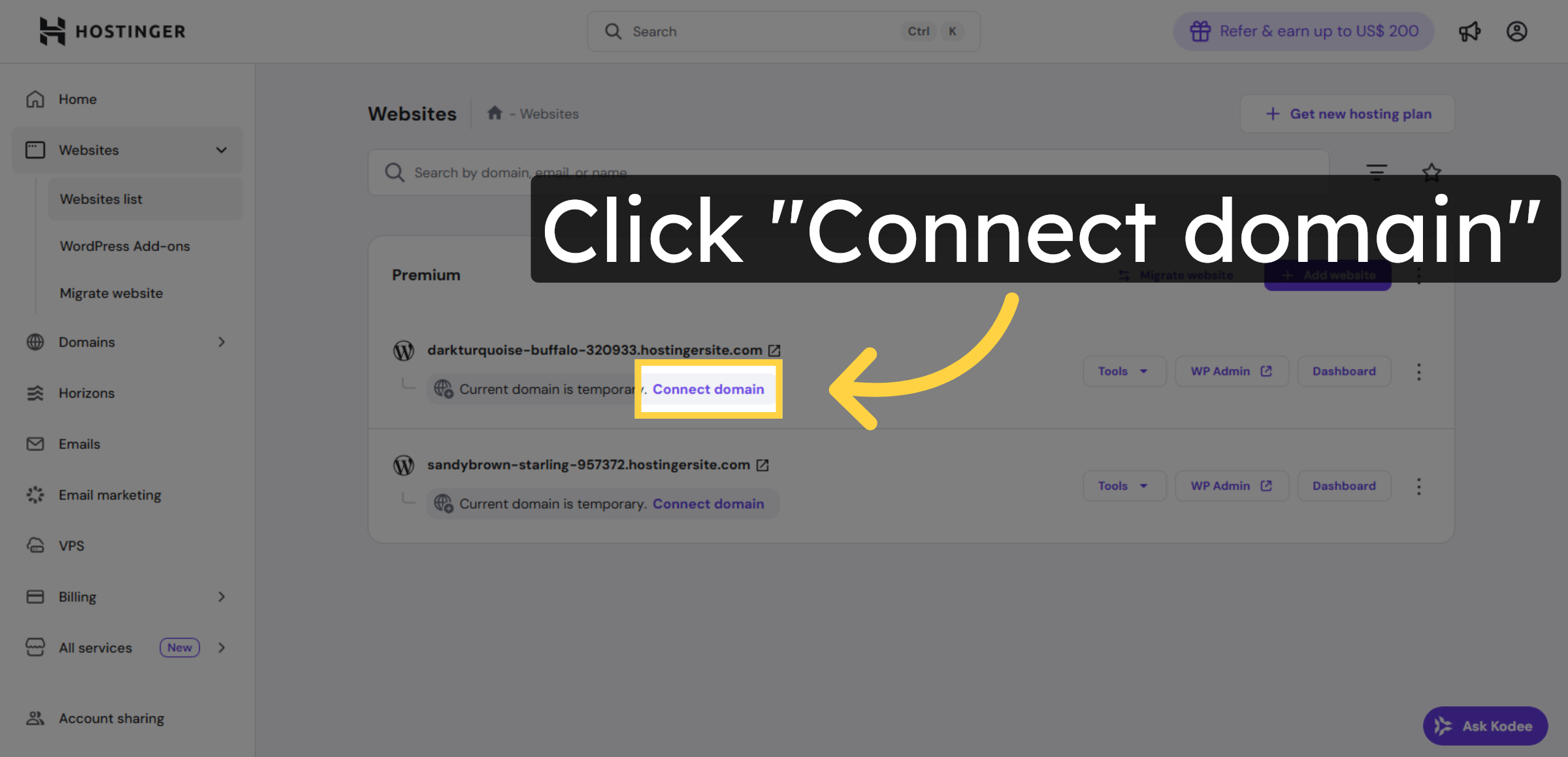 Click Connect Domain Button