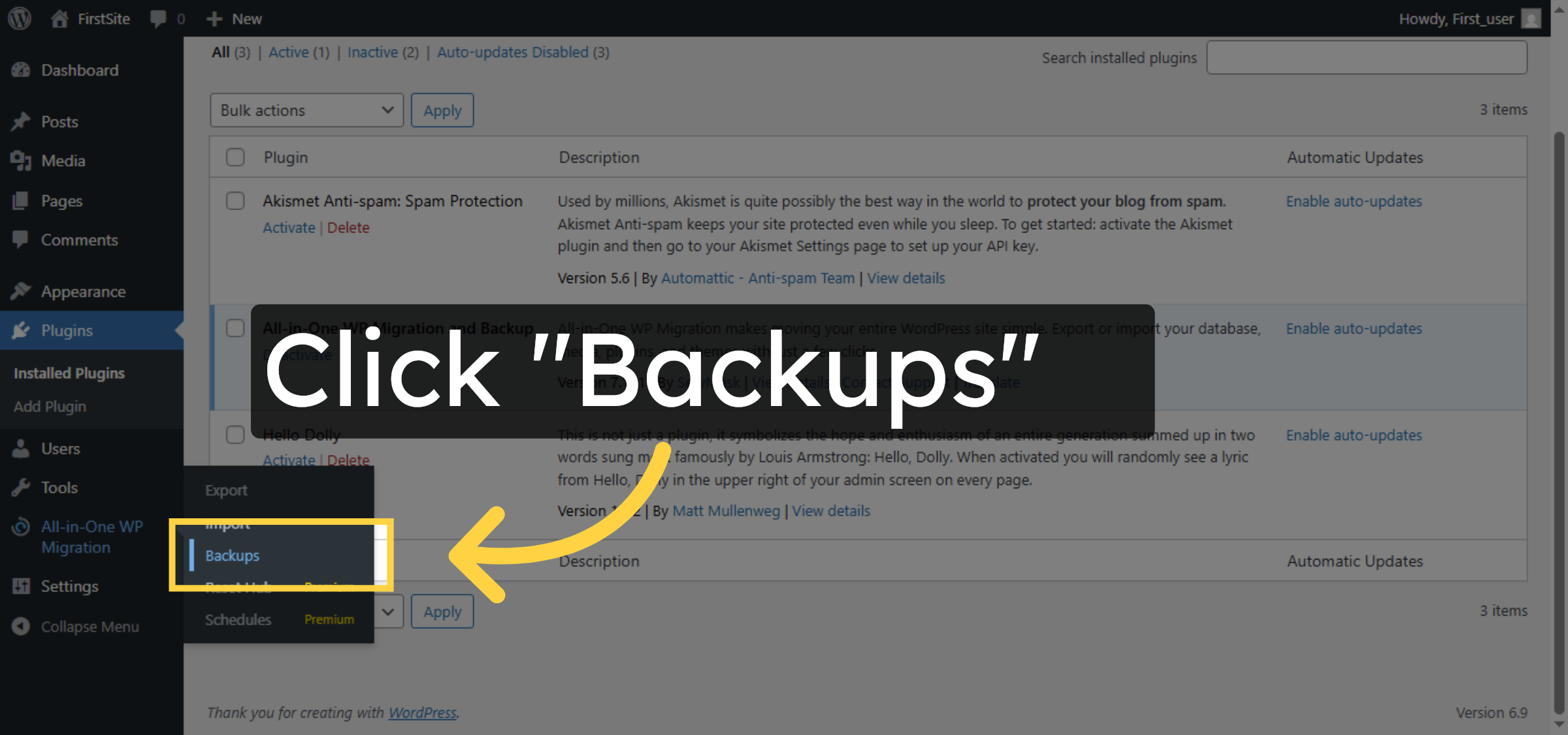 Open Backups Section
