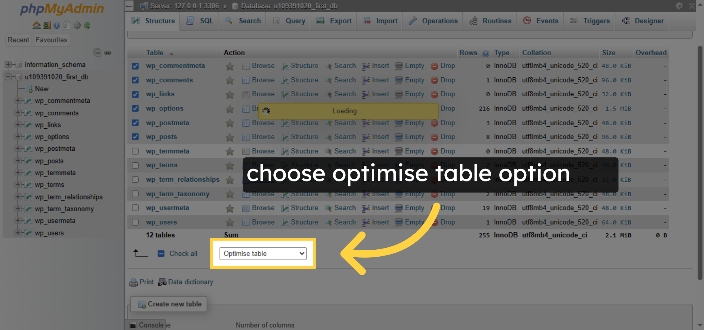 Choose Optimize Table Action