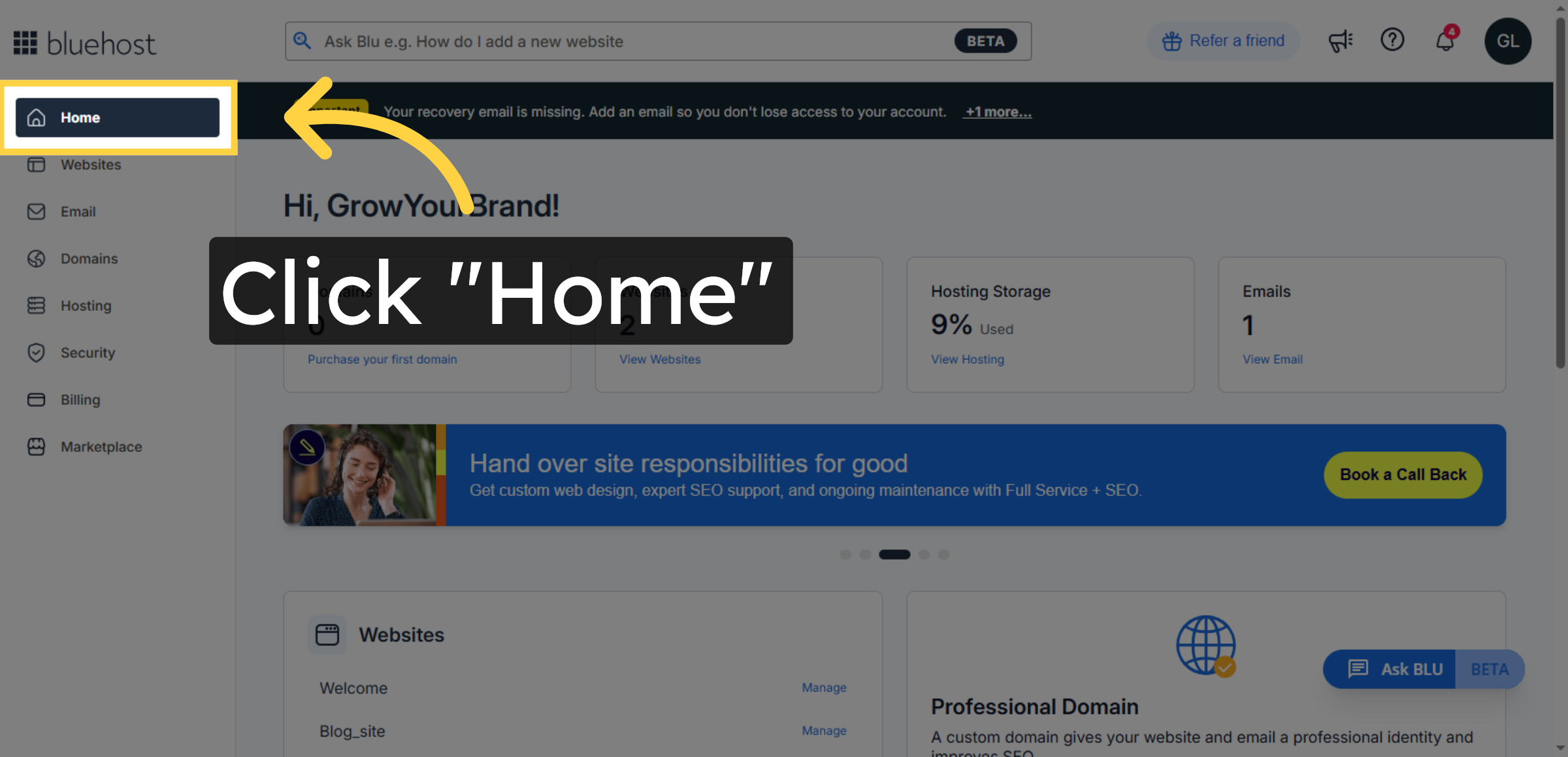Navigate to Home Page of Bluehost