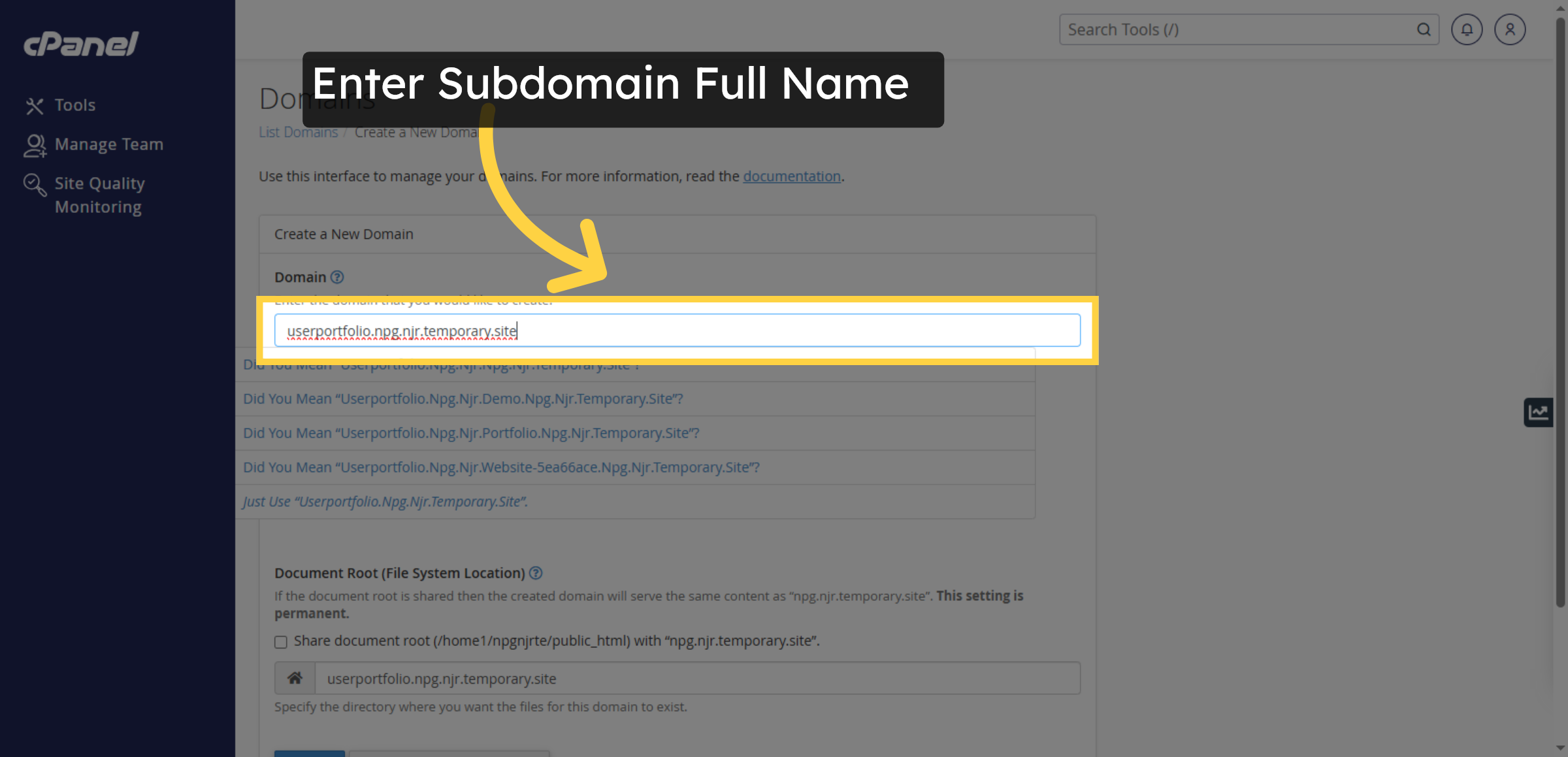 Enter Subdomain Full Name