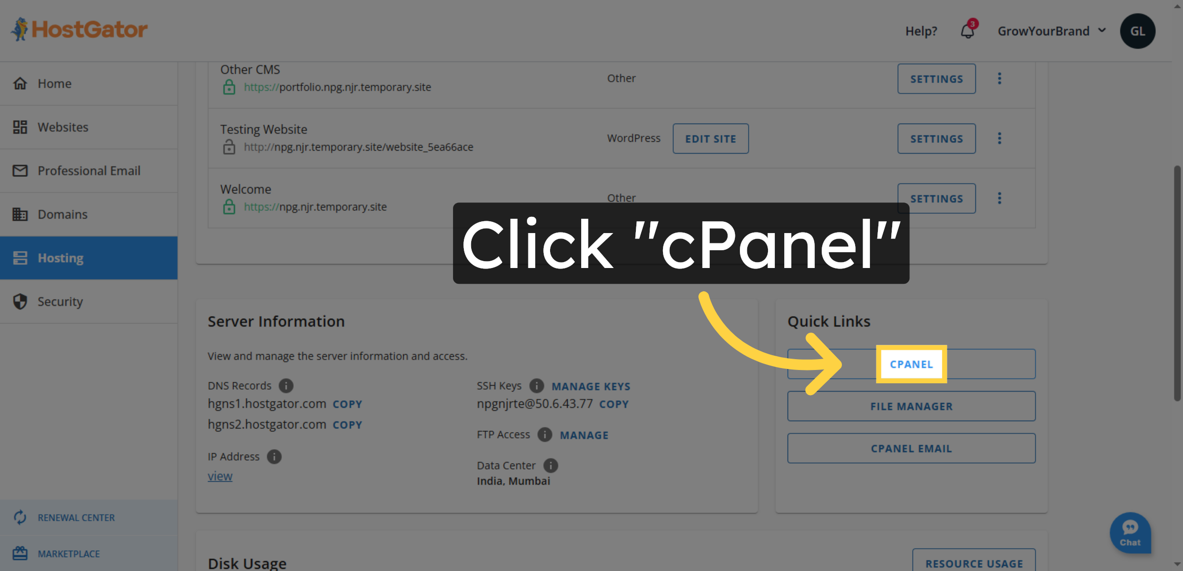Open cPanel