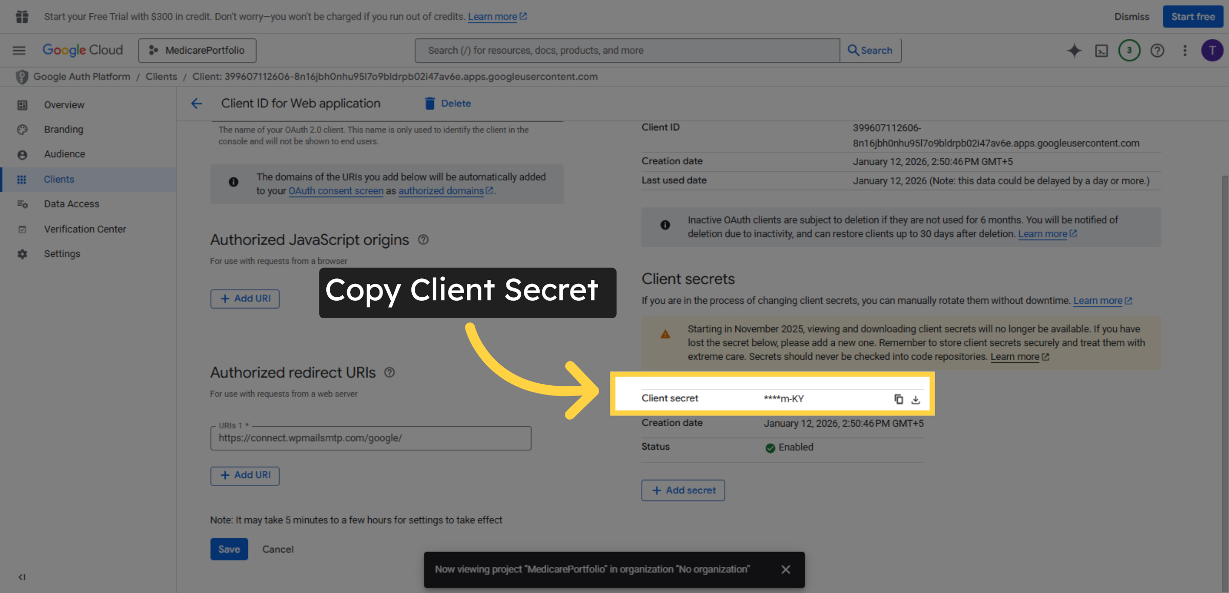 Copy Client Secret Details