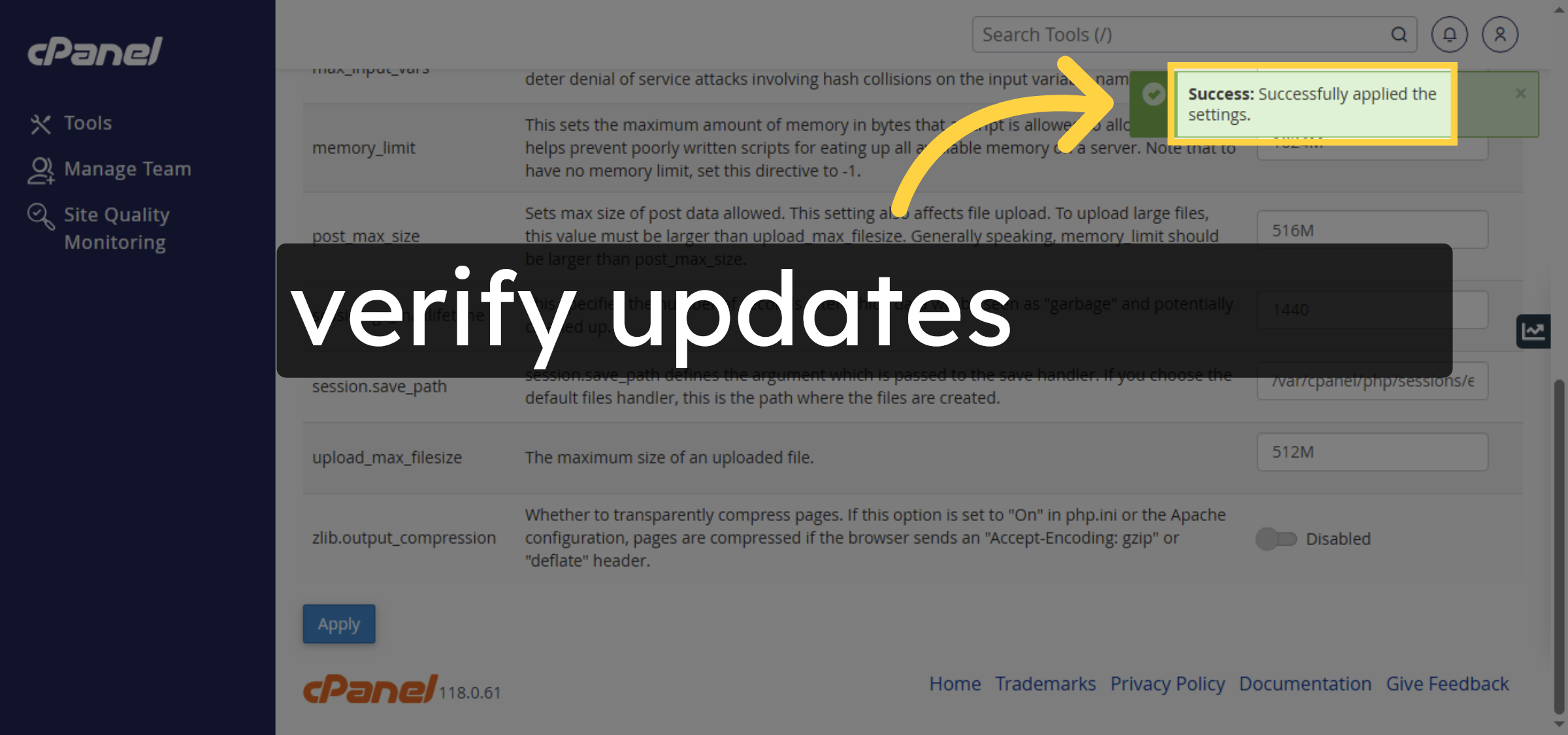 Confirm Settings Applied