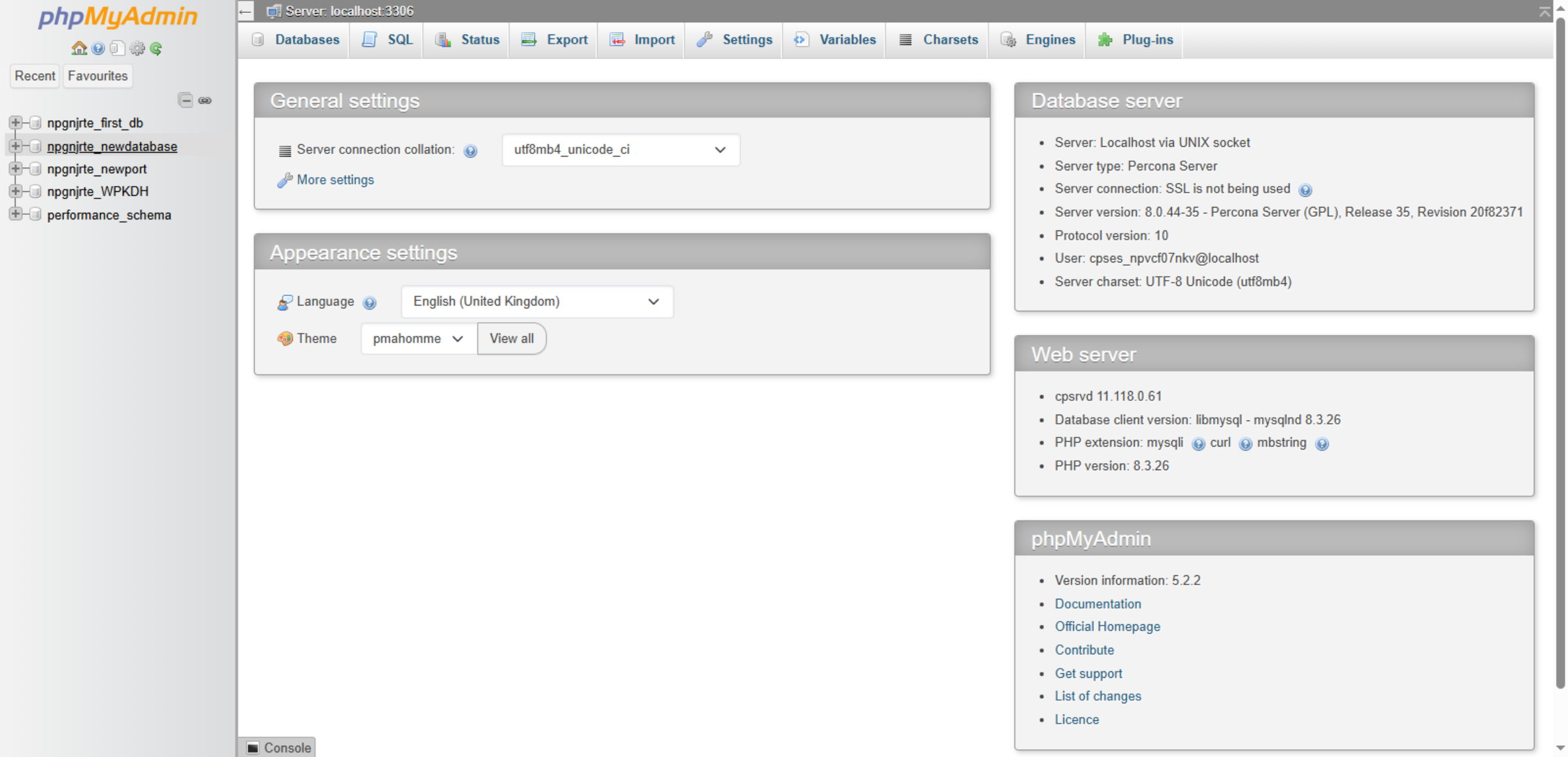 phpMyAdmin Database Management Panel