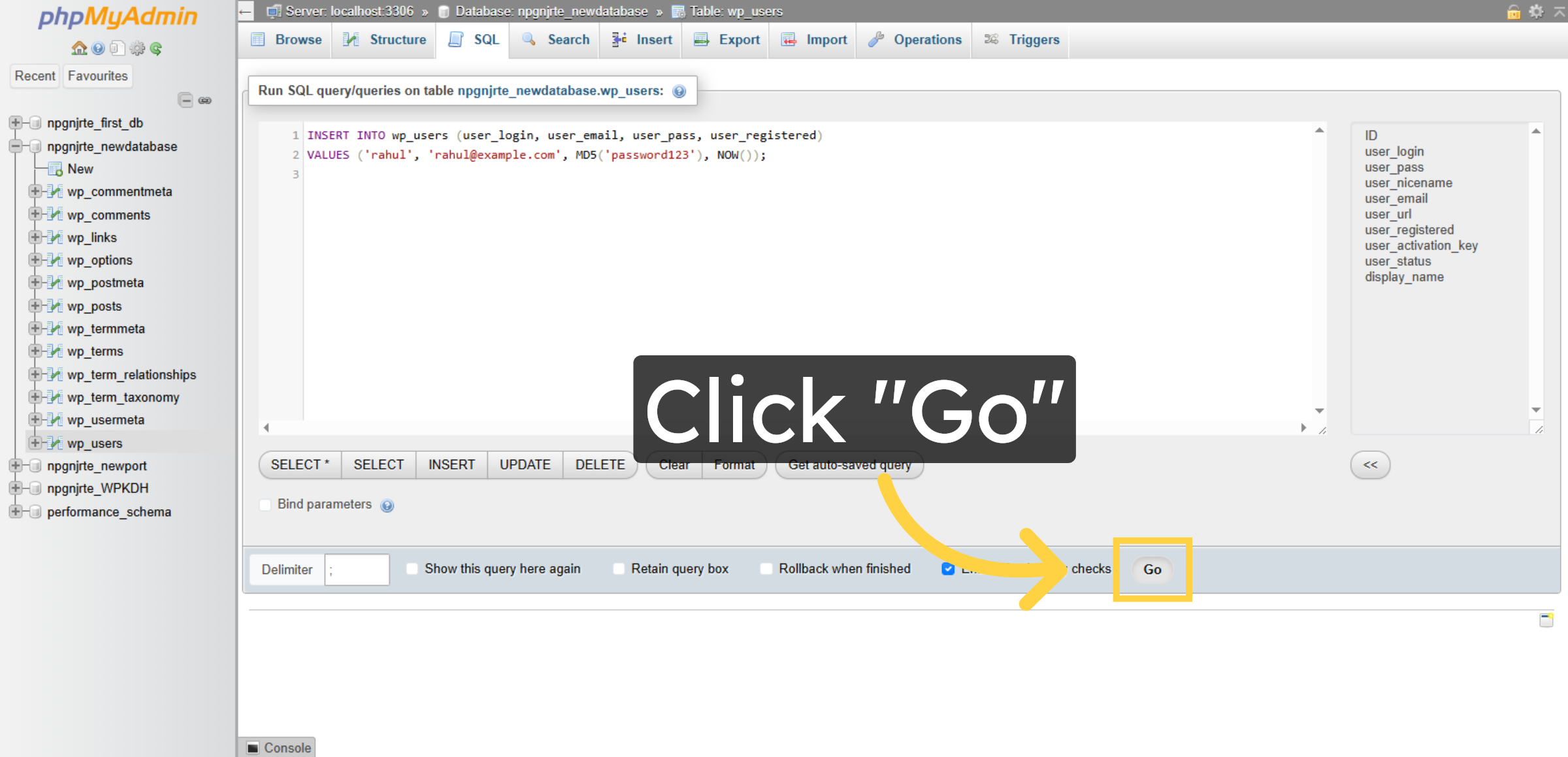 Execute Query for adding new user