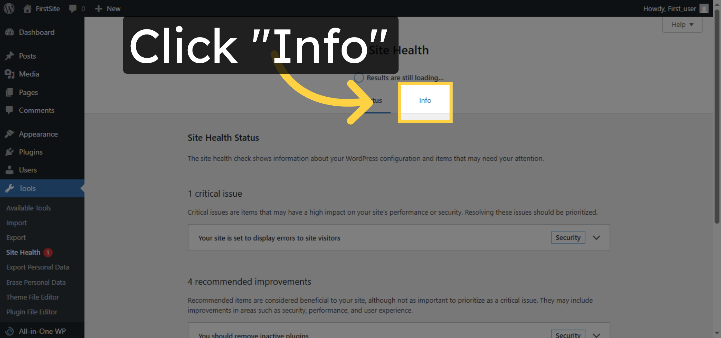 Open Site Health Info Tab