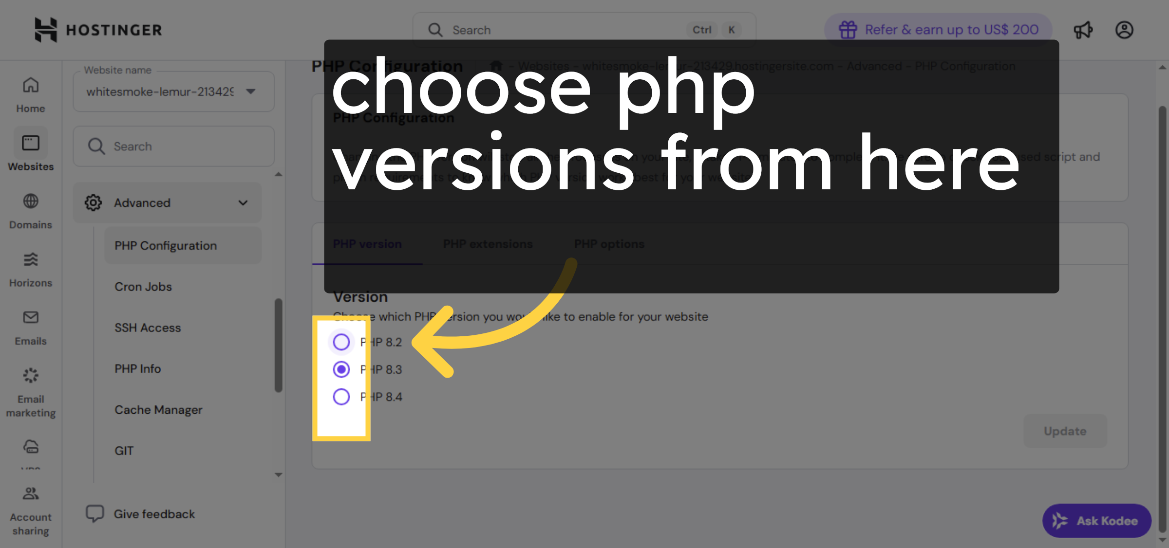 Select PHP Version Dropdown