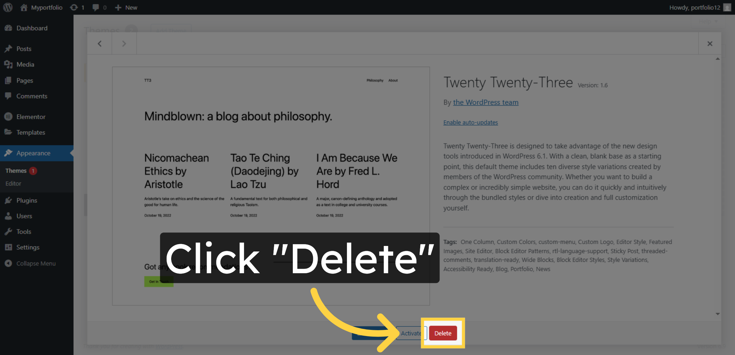 Delete Twenty Twenty-Three Theme