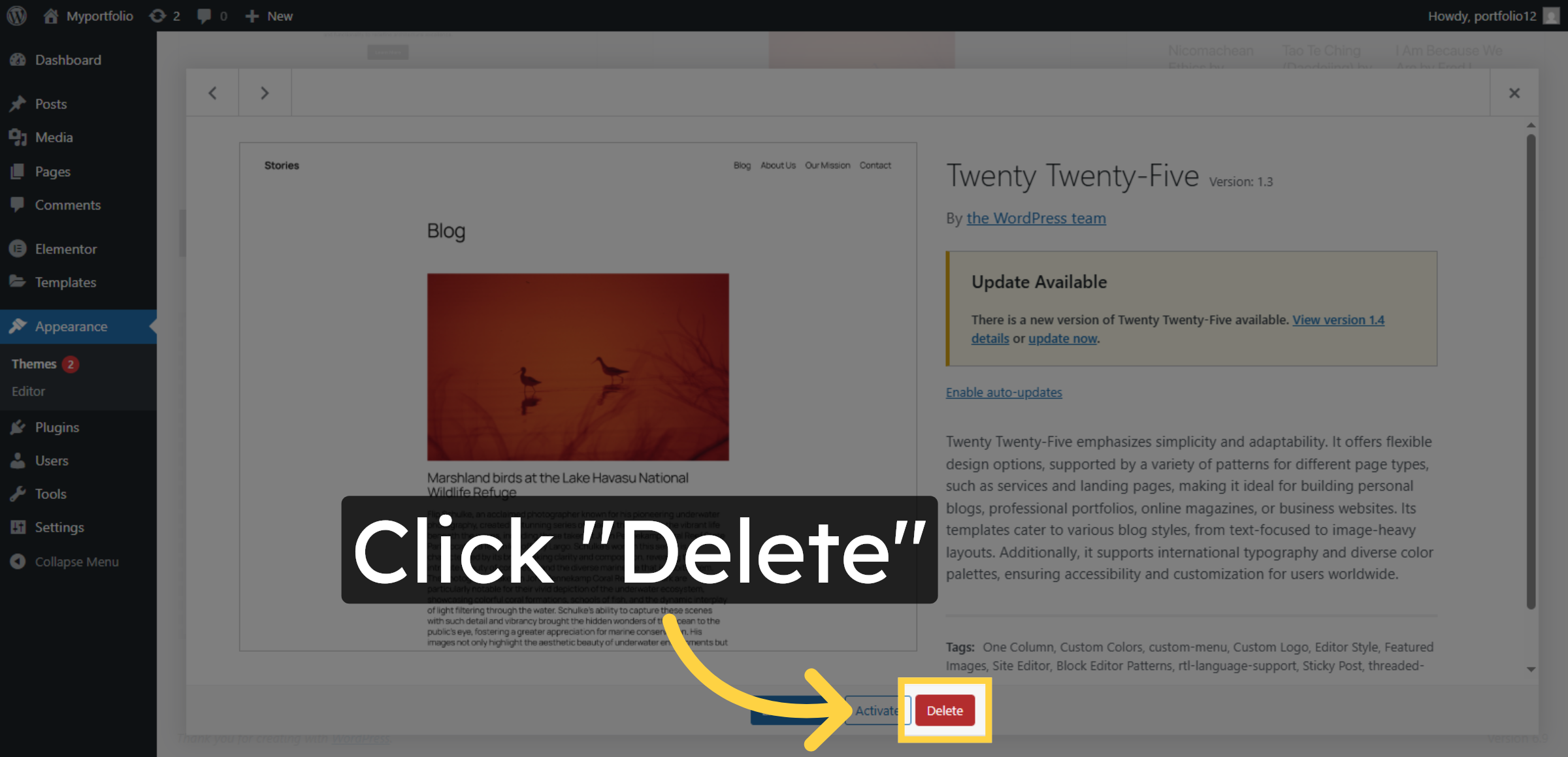 Delete Twenty Twenty-Five Theme
