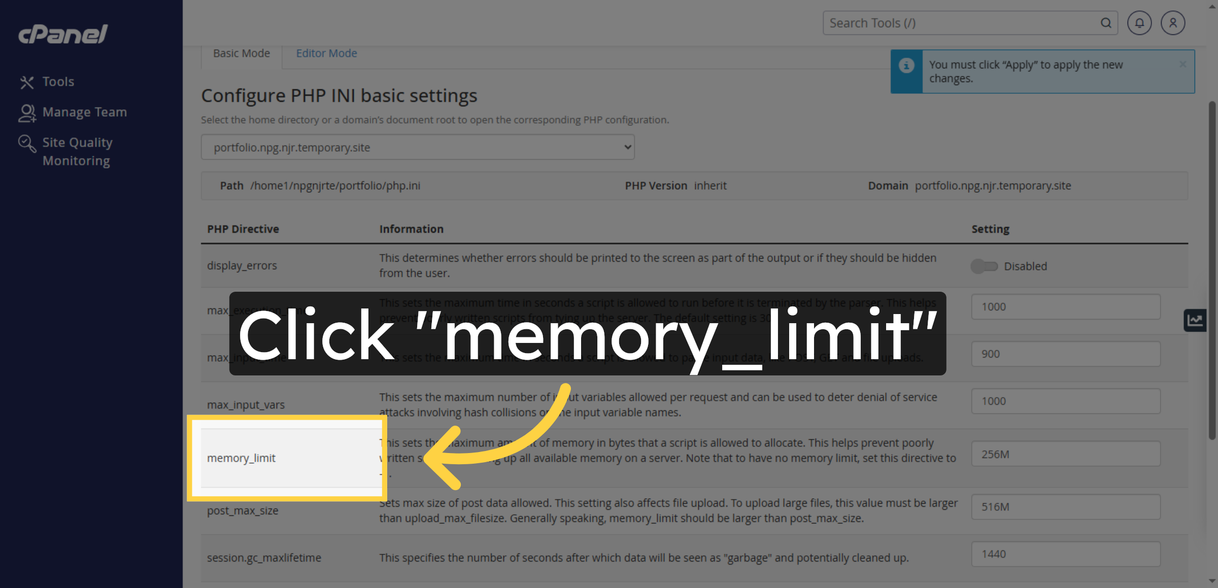 Select Memory Limit Setting