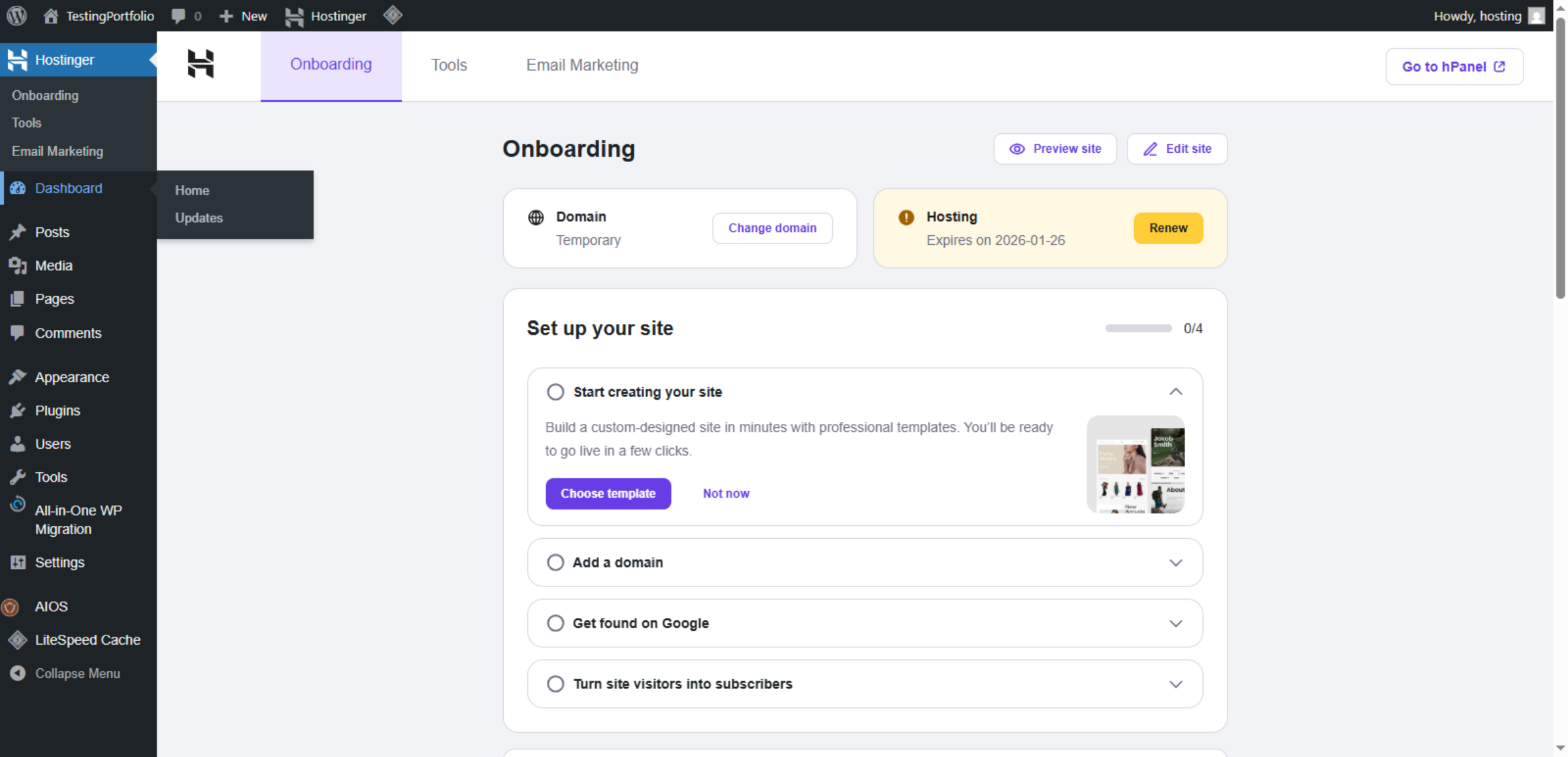 Switch to WordPress Site Tab