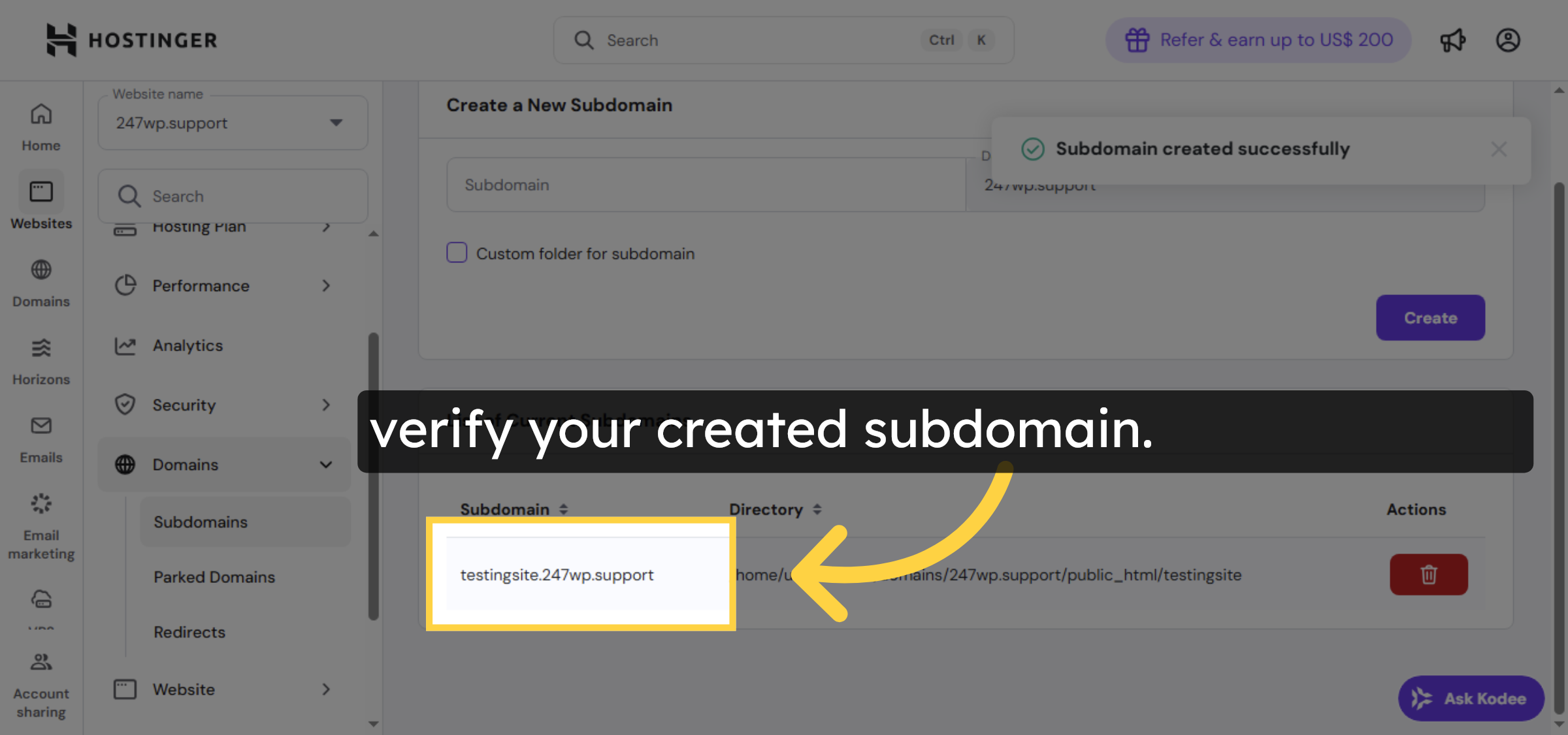 Select Created Subdomain