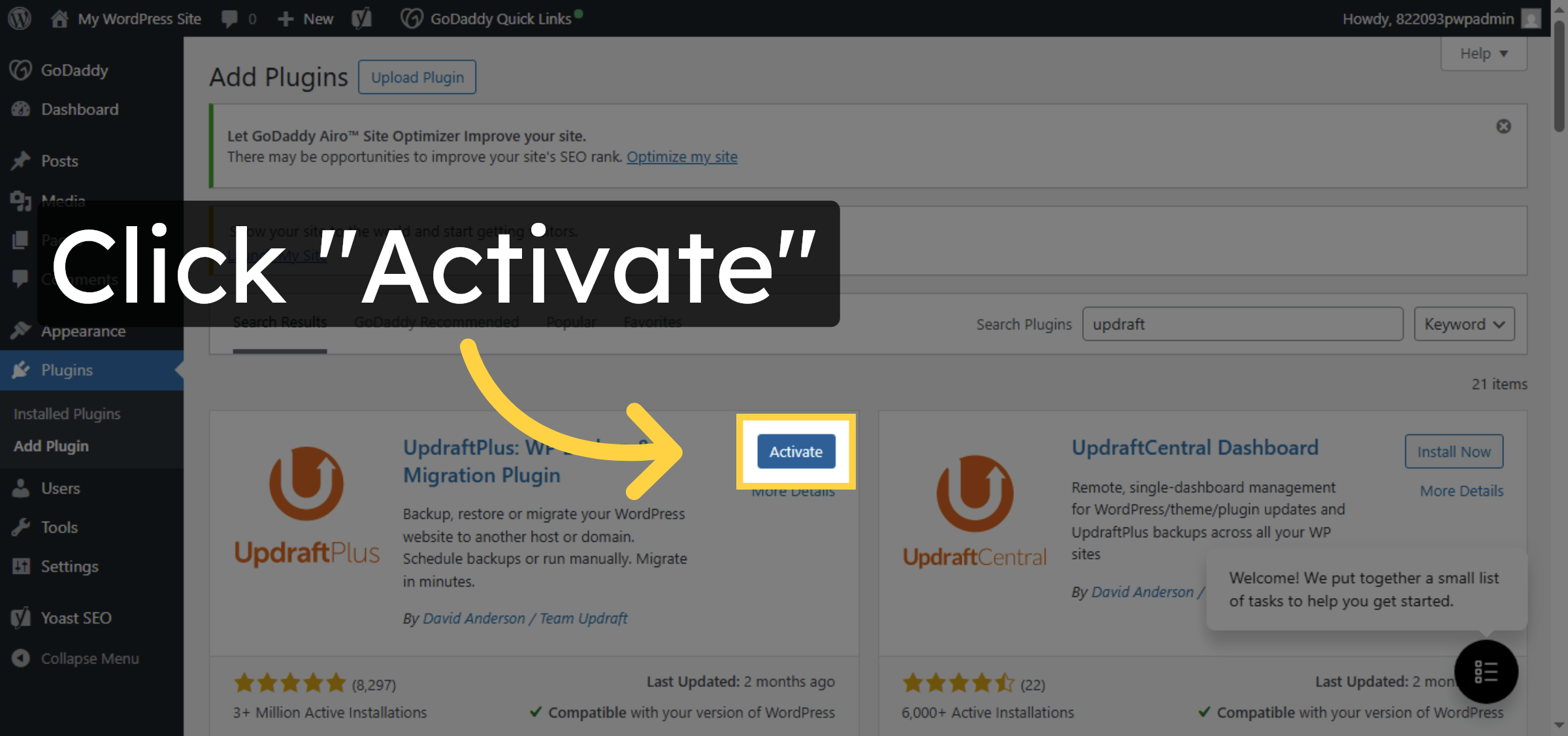 Activate UpdraftPlus Plugin