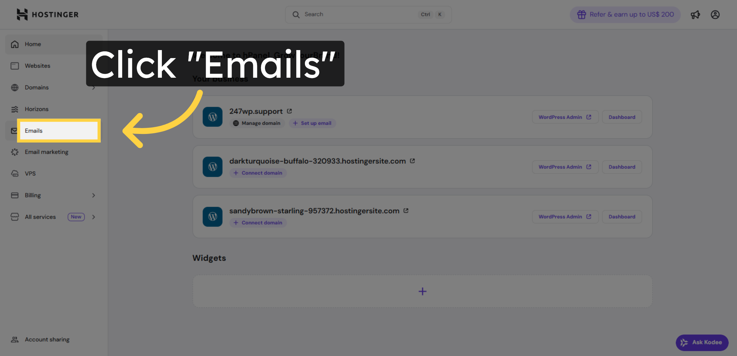 Navigate to Emails Section