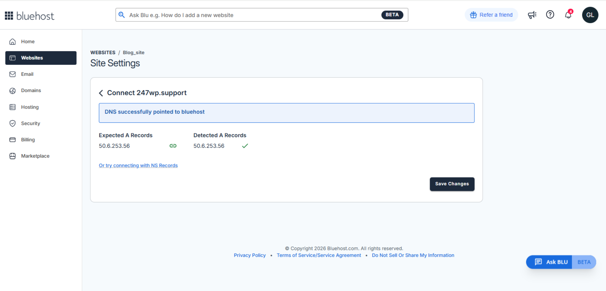 DNS Successfully Connected to Bluehost