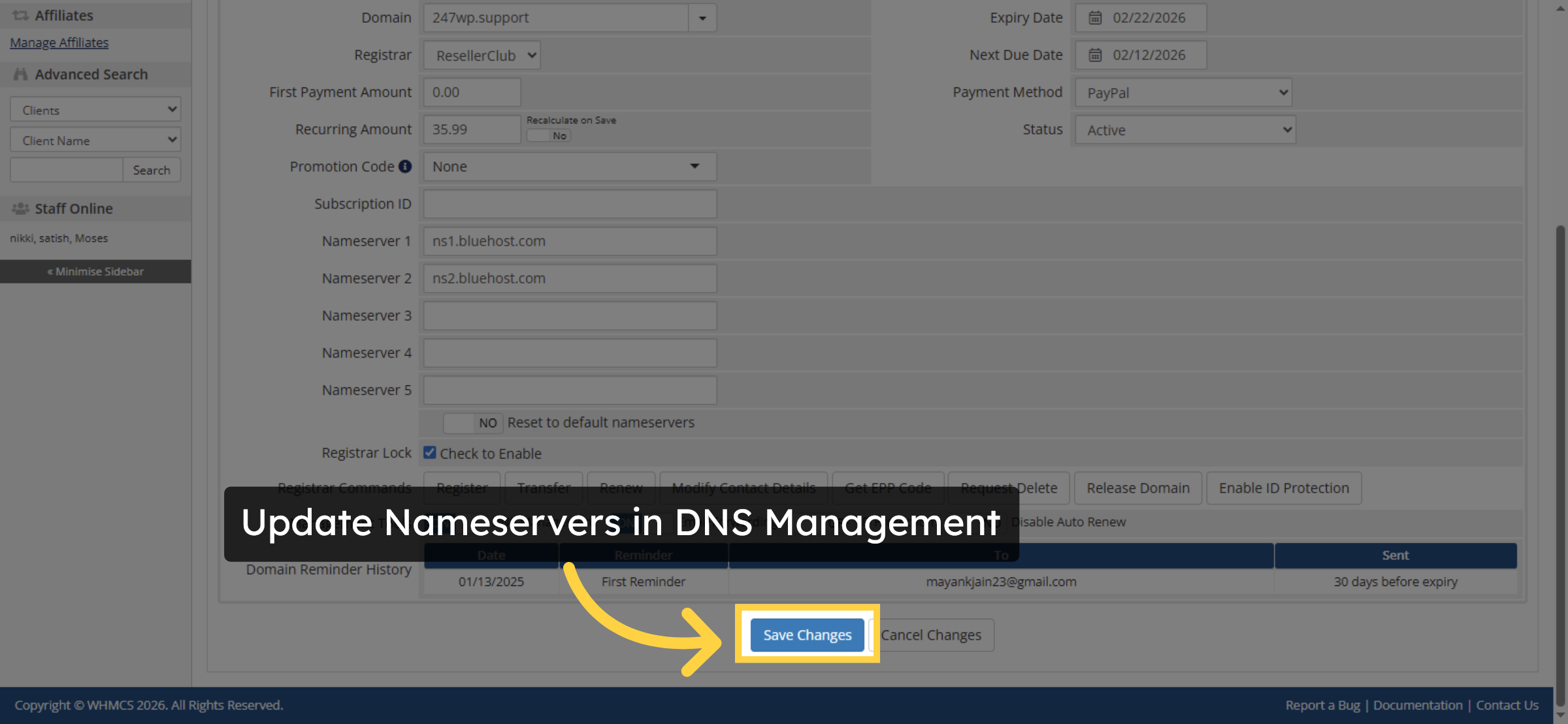 Save Nameserver Changes