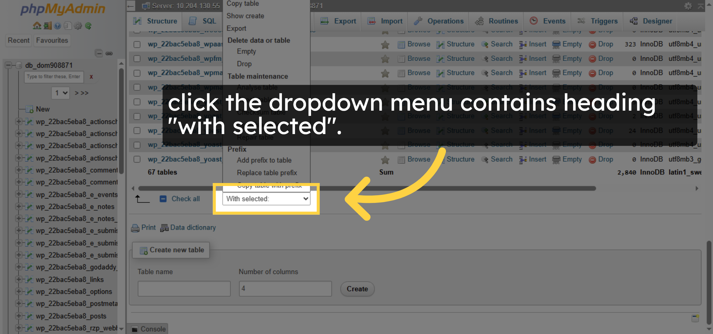 Open Table Operations Menu