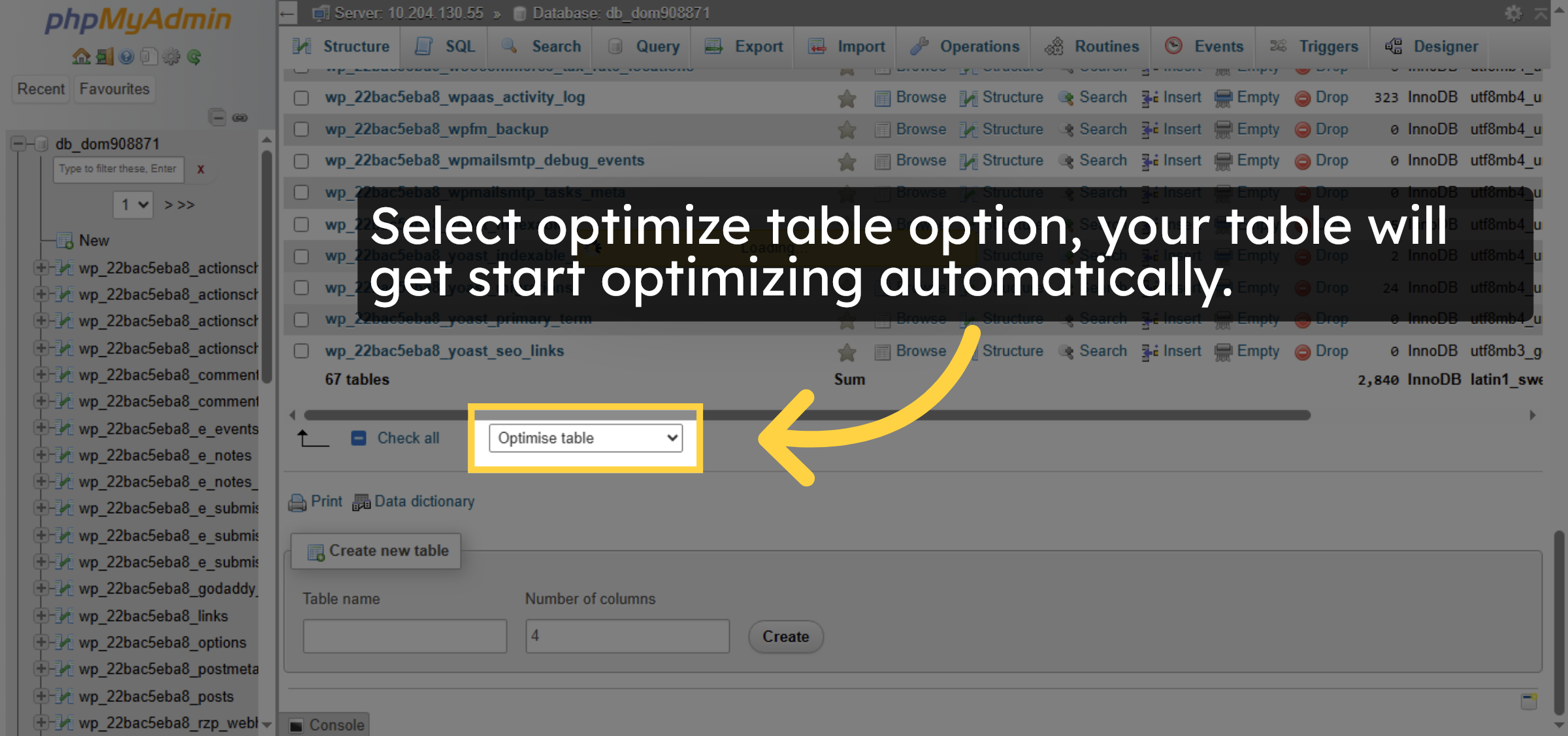 Choose Optimize Table Option
