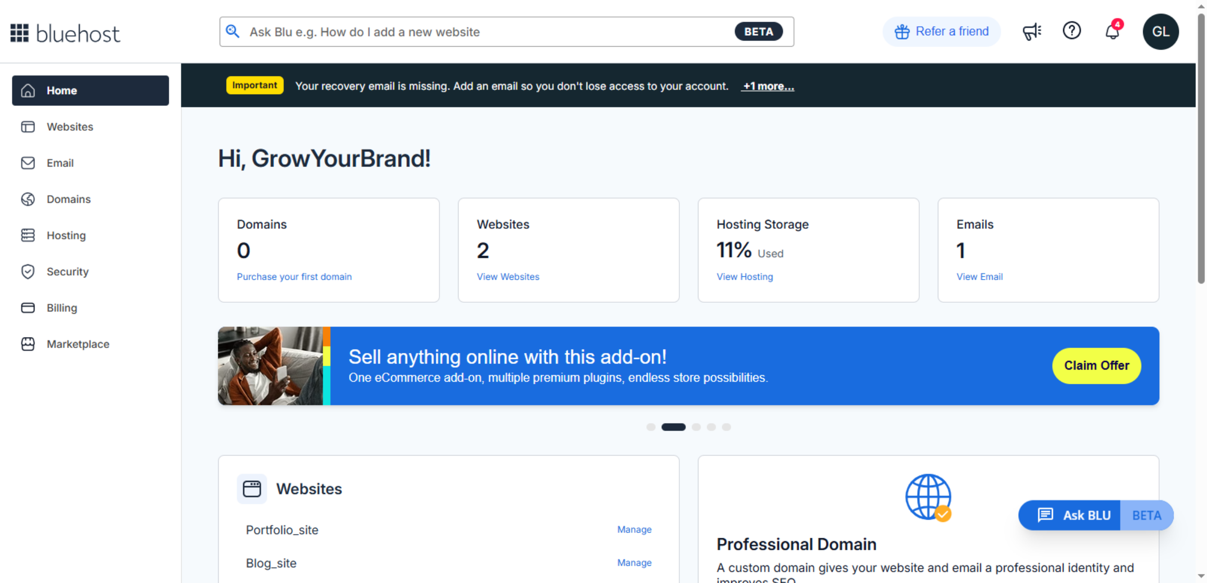 Access Bluehost Account Dashboard