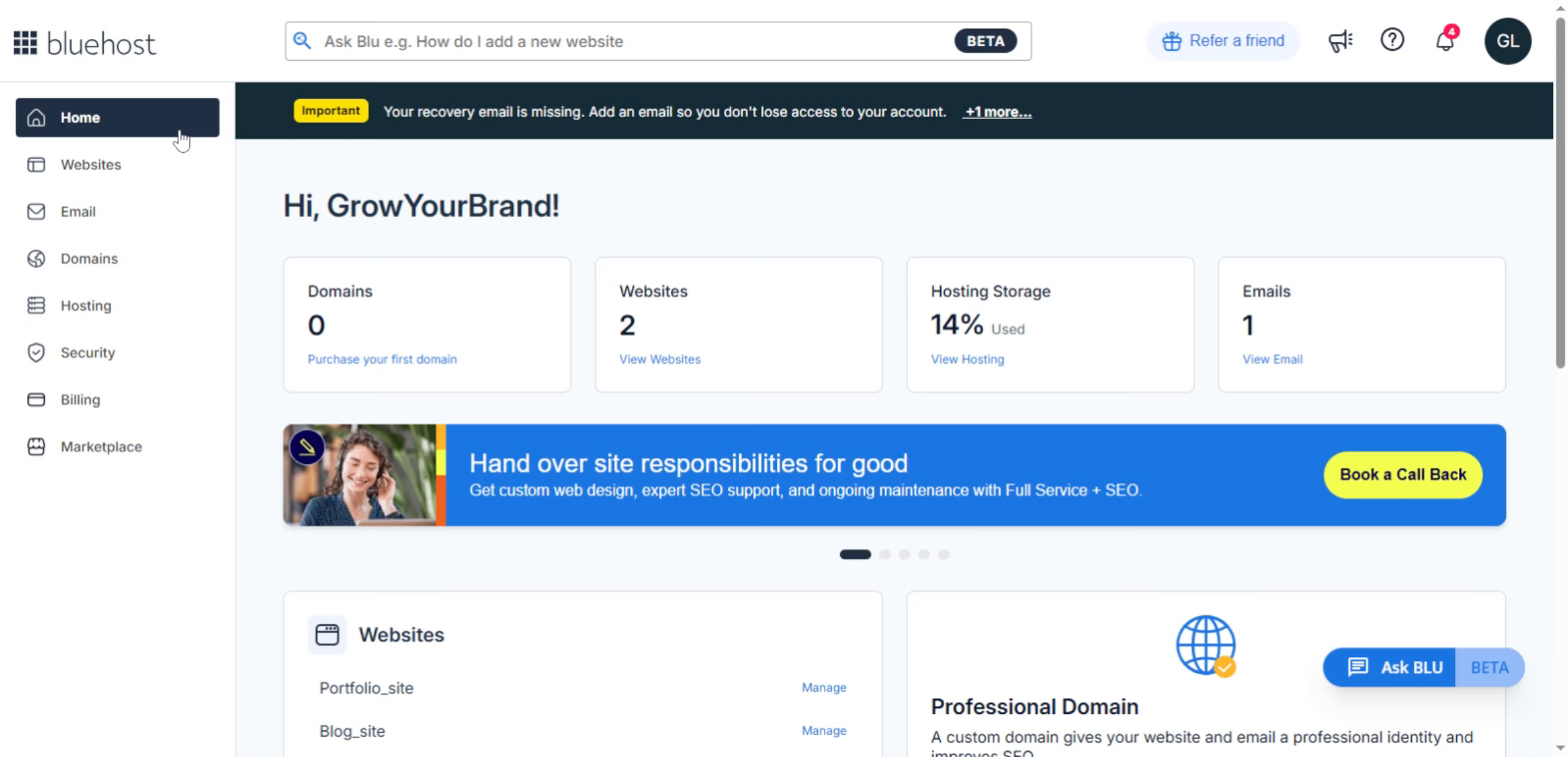 Bluehost Hosting Dashboard