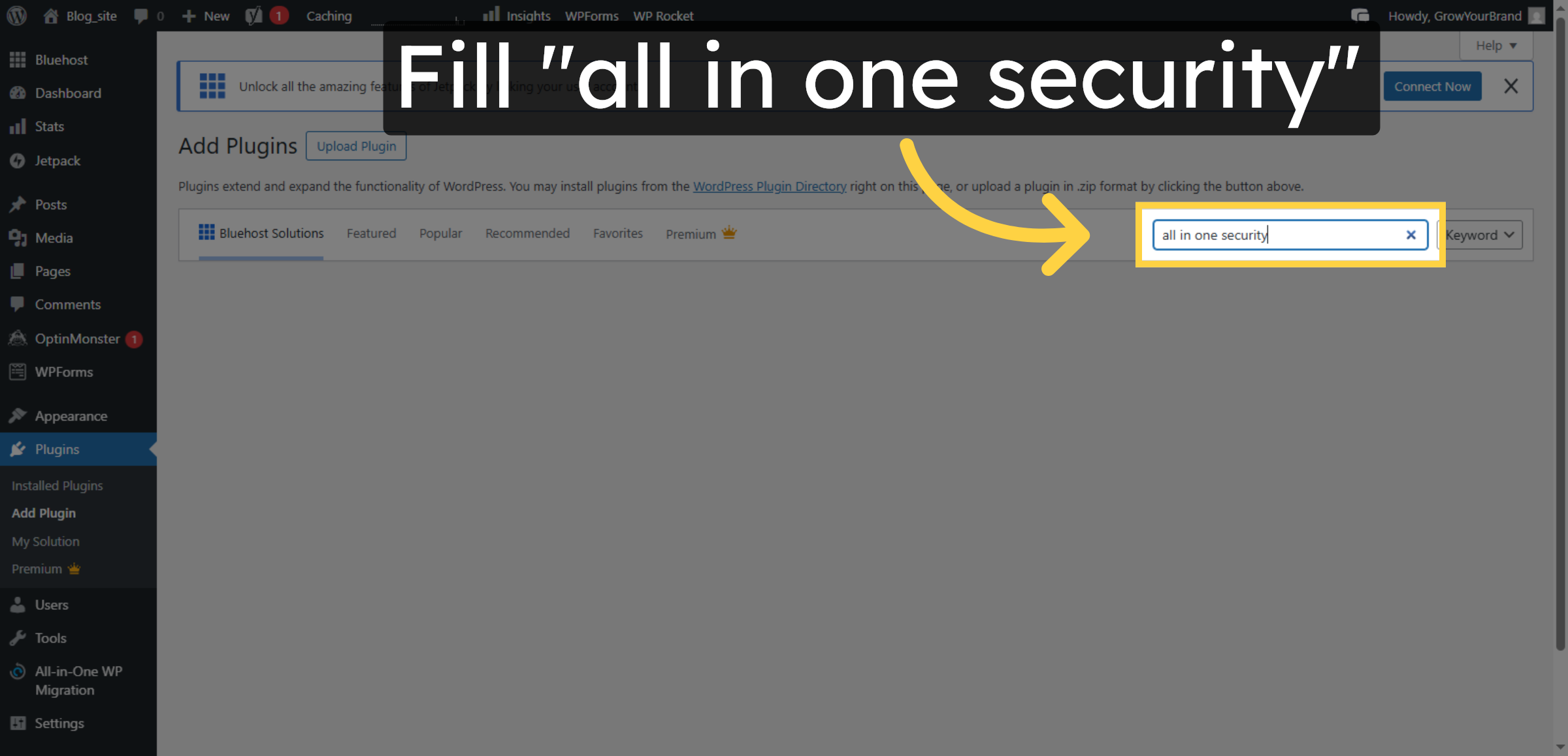 Click “Search Plugins” and enter “All In One Security.”