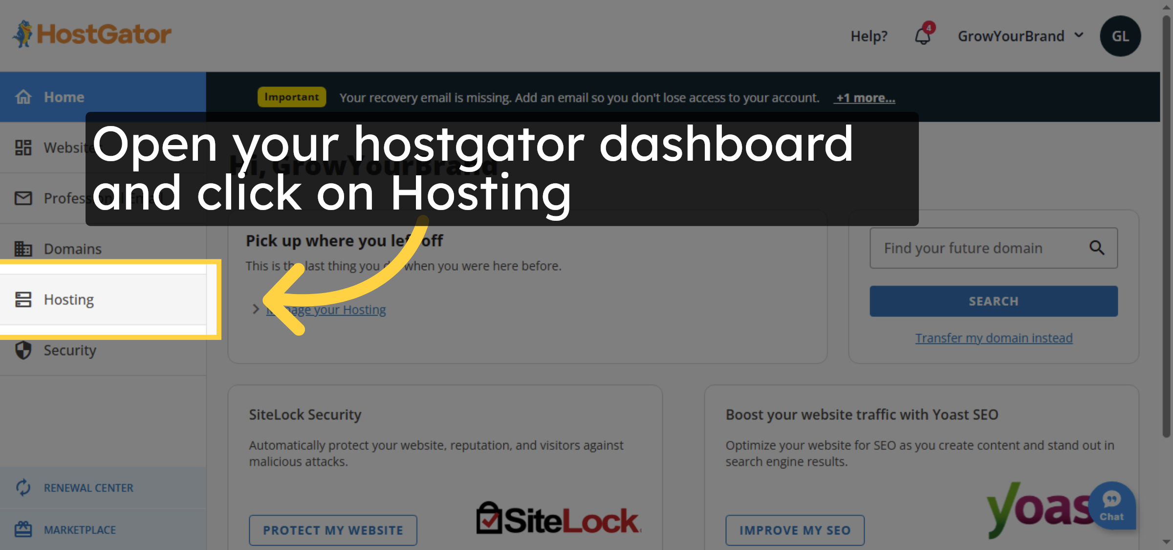 Open Hostgator Dashboad