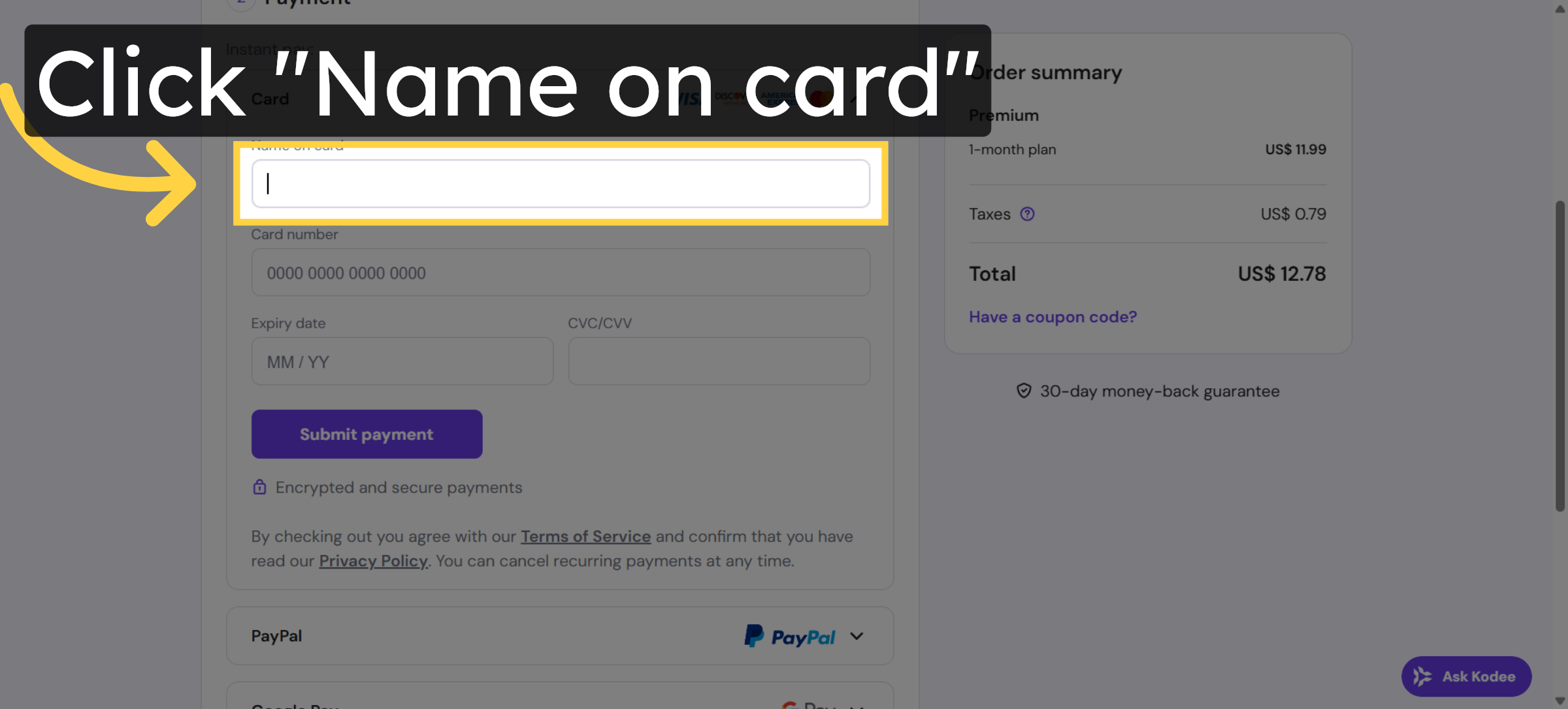 Select Name on Card Field