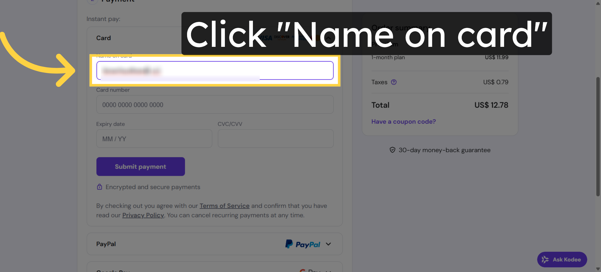 Select Name on Card Field Again