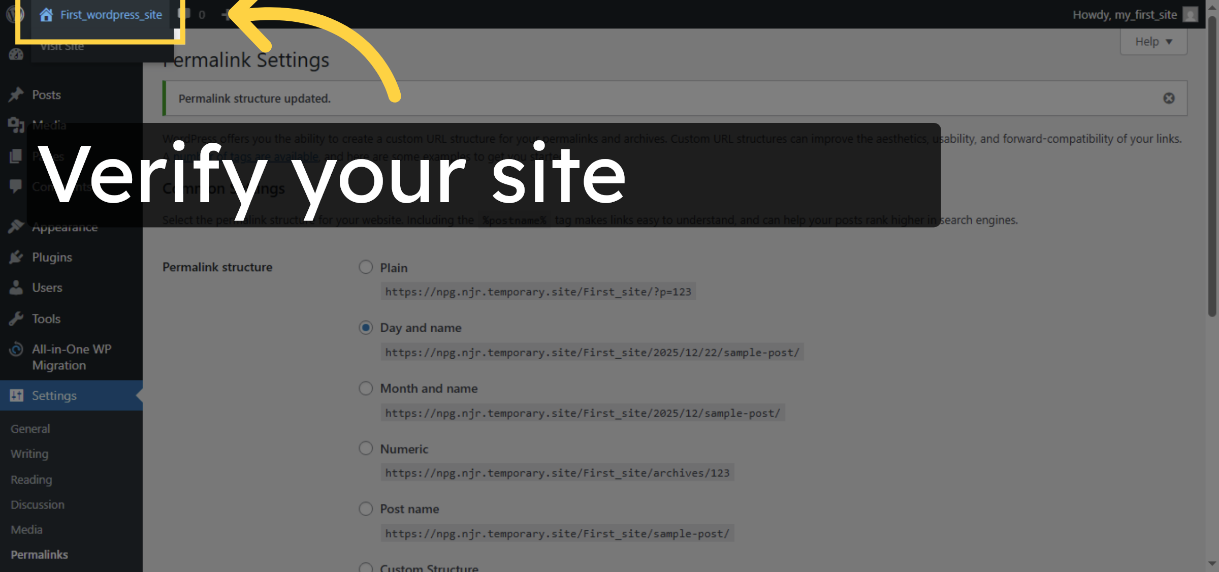 Open WordPress Site Dashboard