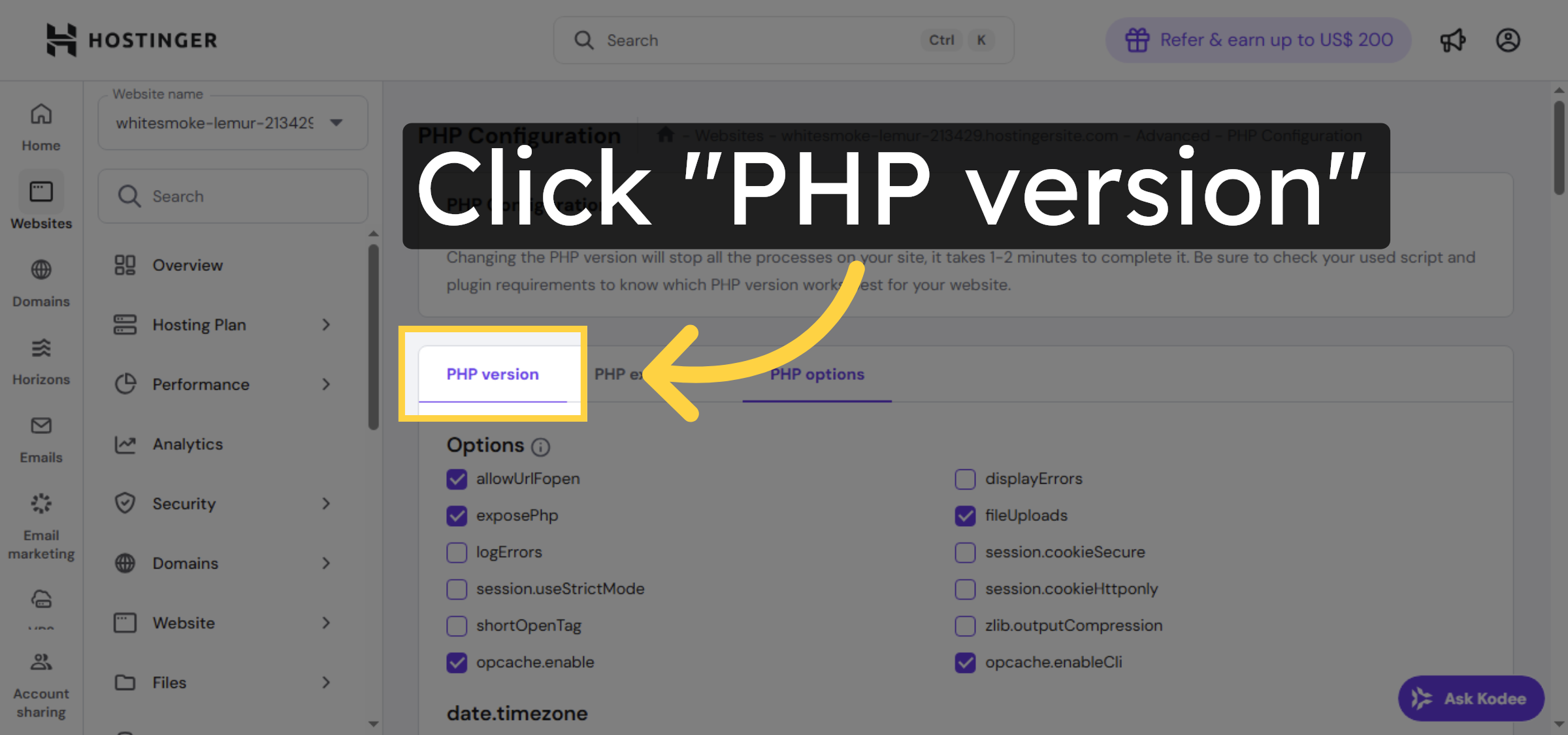 Open PHP Version Settings