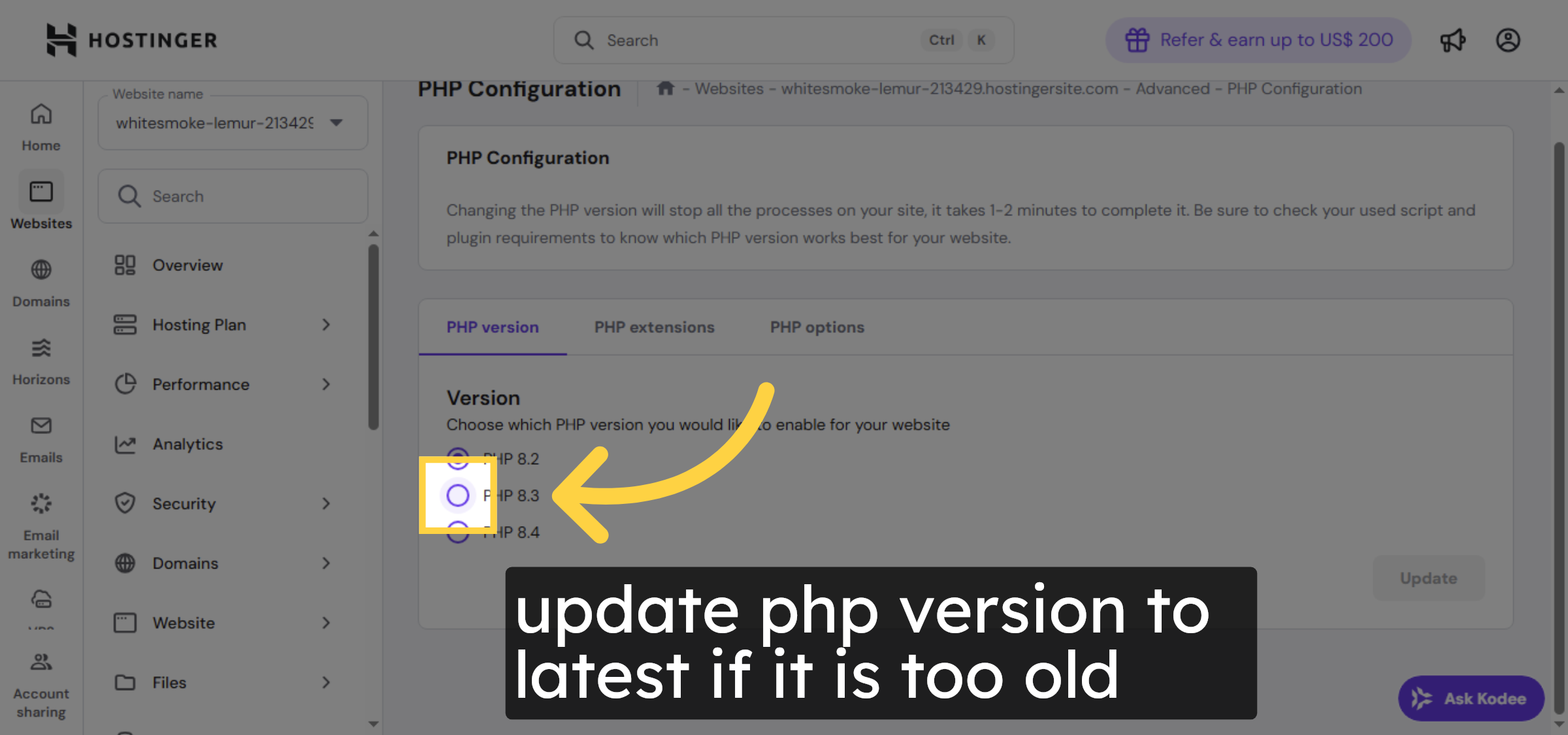 Select PHP Version Dropdown