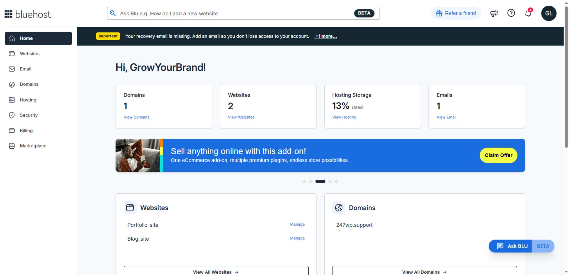 Bluehost Hosting Dashboard