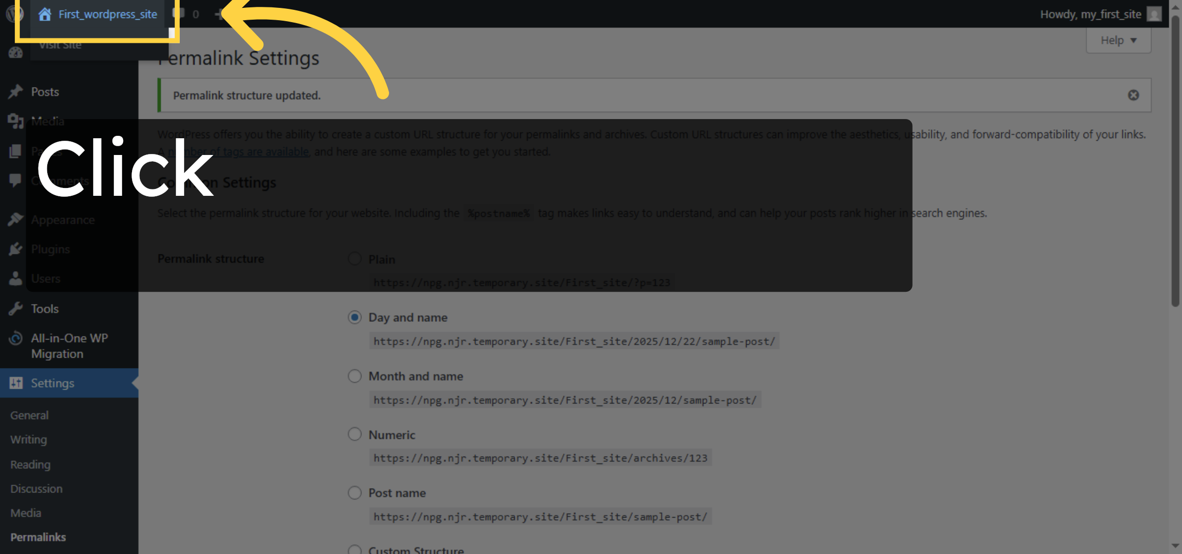 Open WordPress Site Dashboard