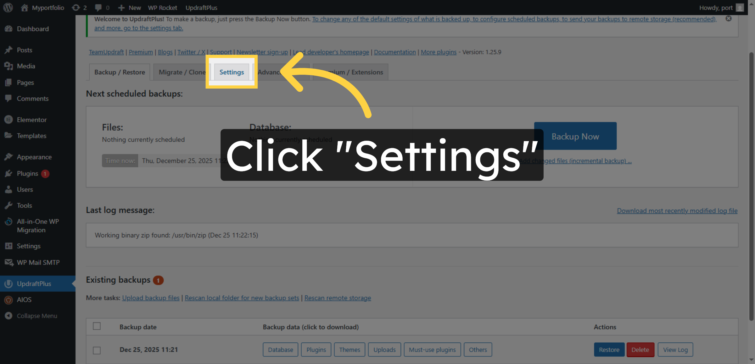 Access UpdraftPlus Settings