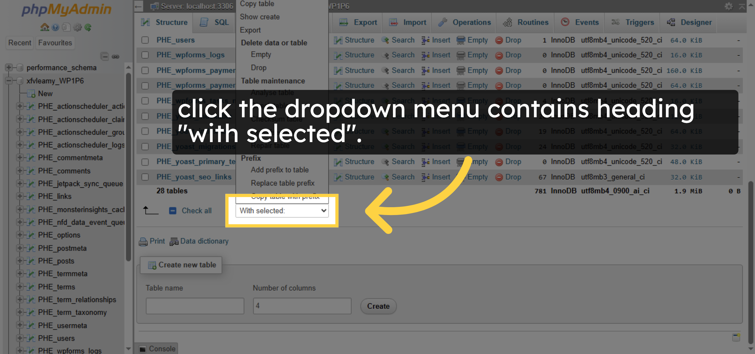 Open Table Operations Menu