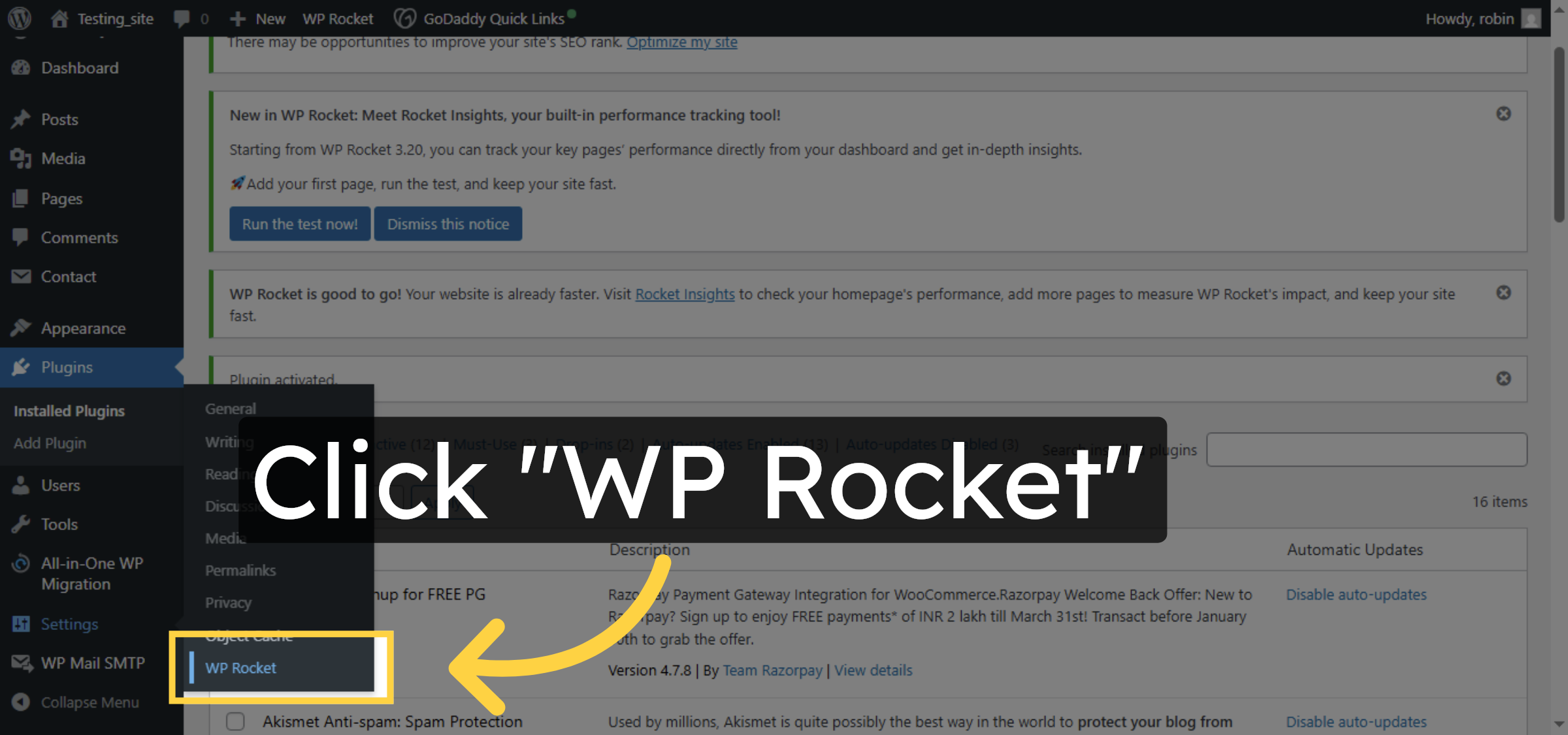 Open WP Rocket Settings