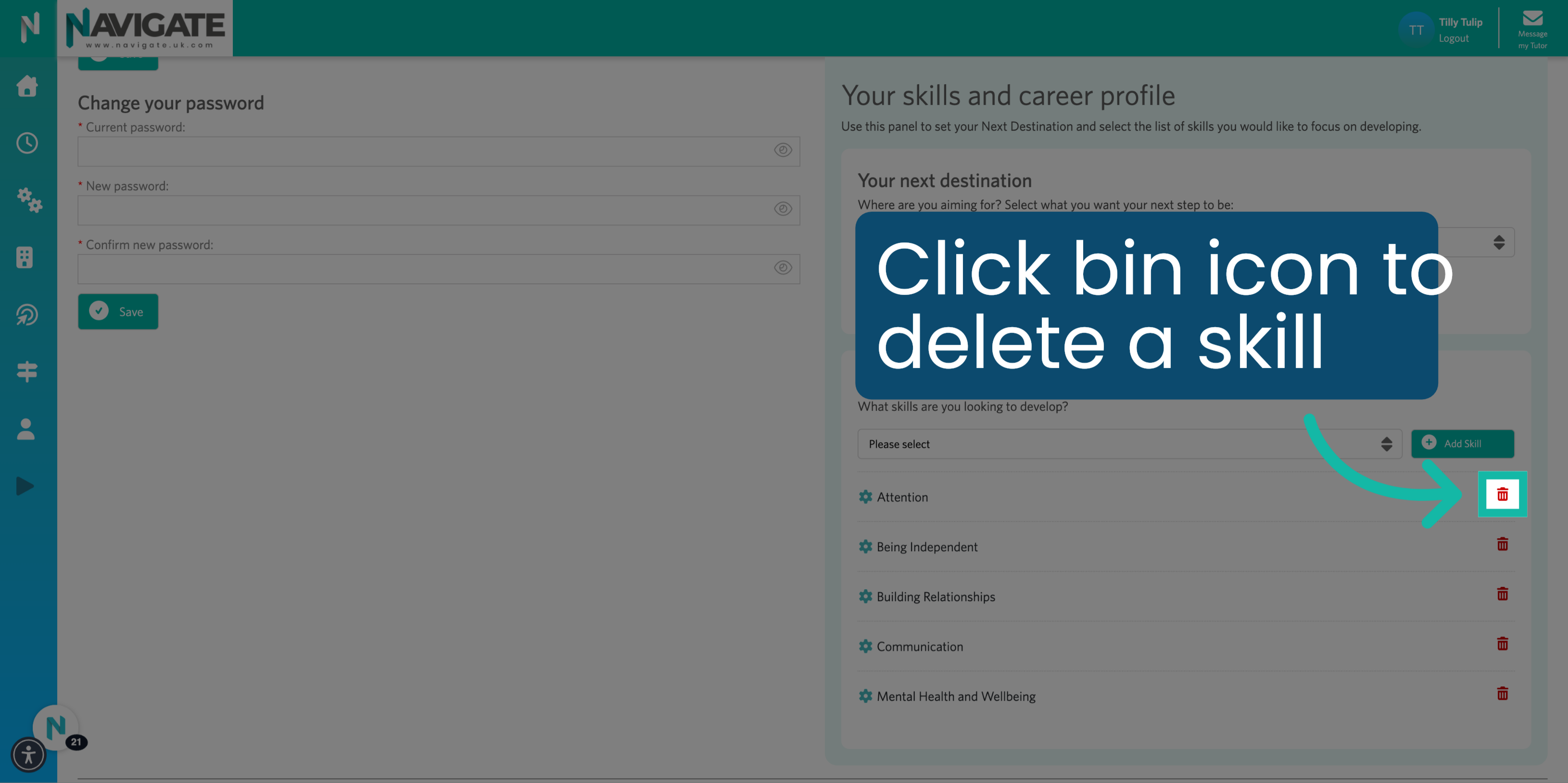 Click Bin Icon To Delete Skill