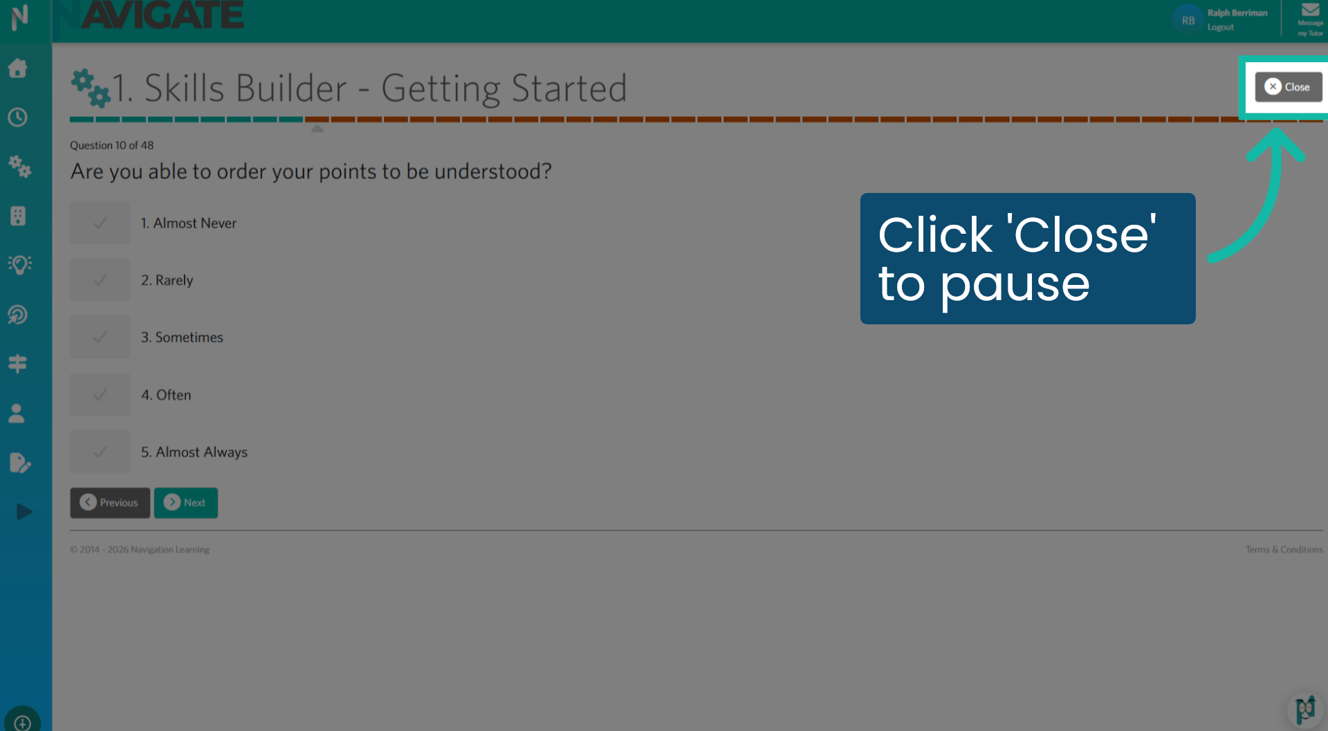 Click 'Close' to pause
